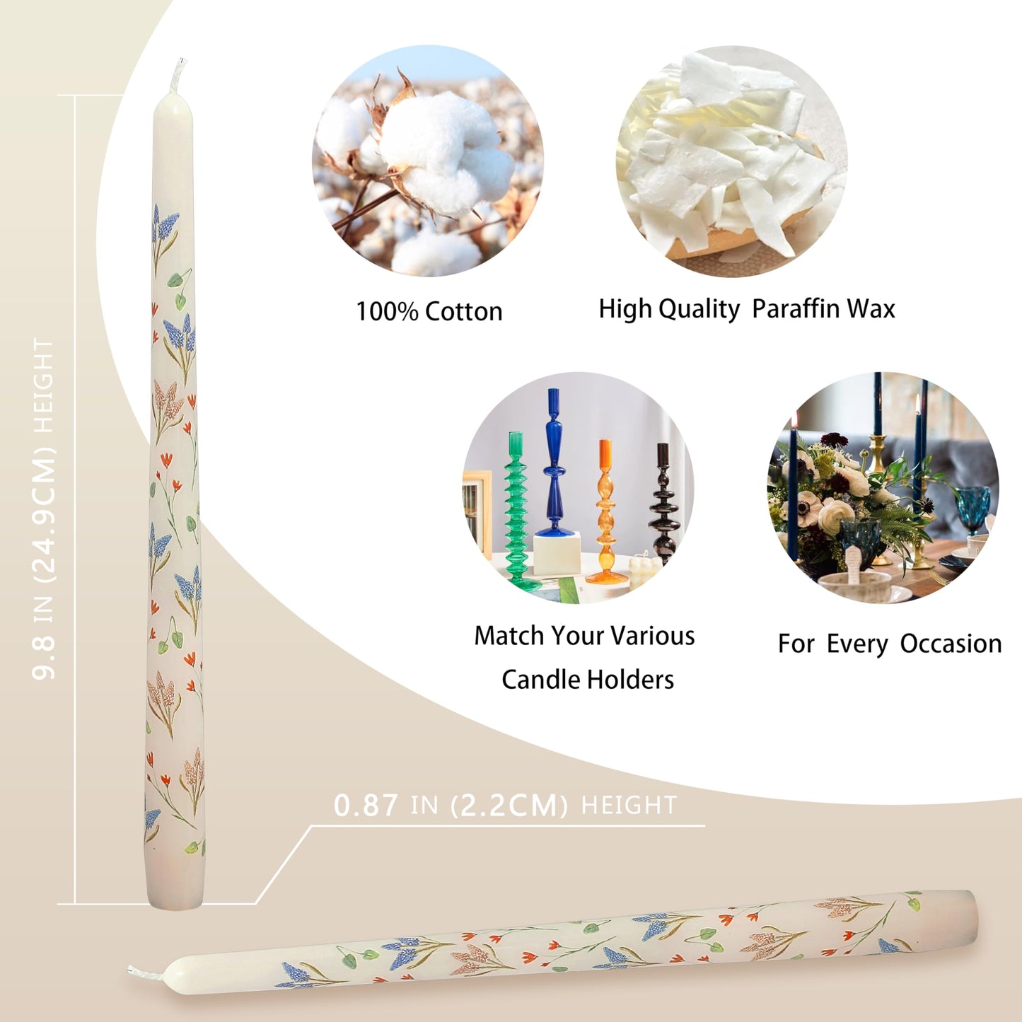 Hyacinth Printed Taper Candles Set of 2, 10 Inch Handmade Tapered Candles, Unscented Floral Candle Stick Style Candlesticks for Wedding Home Decor Gift