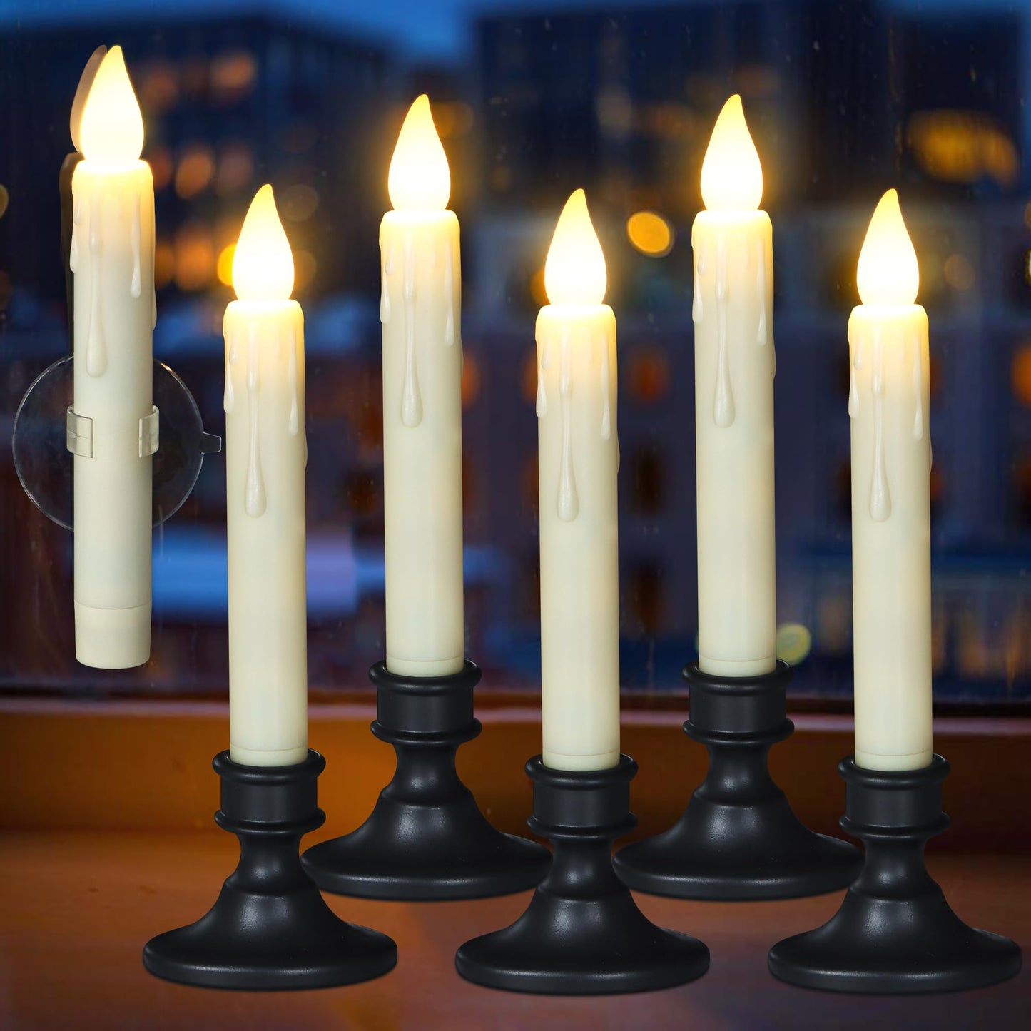 Daord 6 Pcs Sensor Dusk to Dawn Window Candles Flameless Flickering Candlesticks with Black Holders & Suction Cups Battery Operated Fake Candle for Christmas Home Decor (6pcs,Ivory)