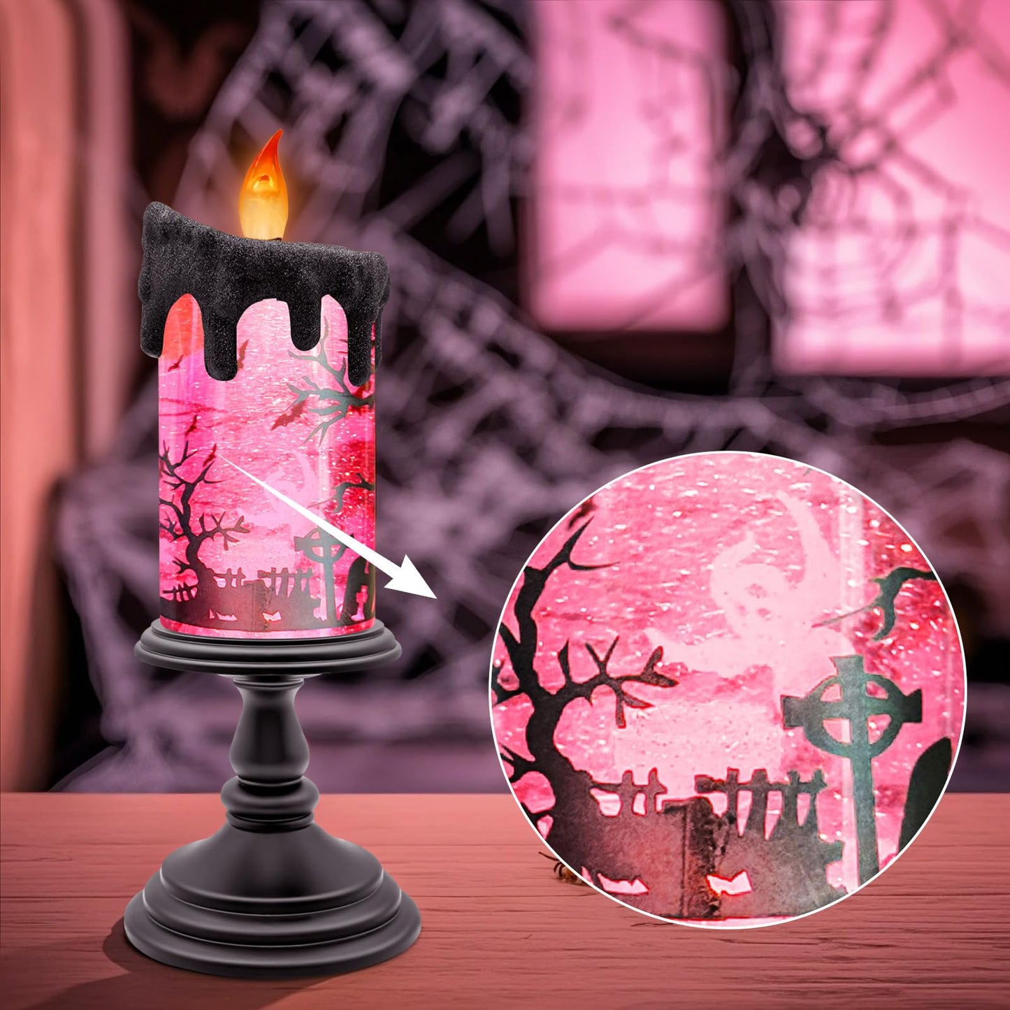 Halloween Snow Globe Candle with Pink Graveyard Scene – LED Flameless Candle with Water Glitter Swirls, Battery Operated Light Up Halloween Decoration for Indoor Tabletop or Mantel