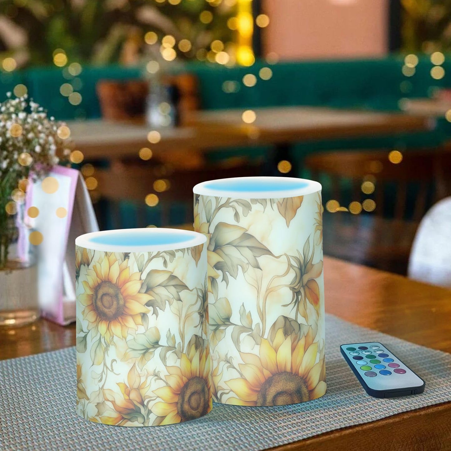 WEVIBOFU Painting Sunflowers Flickering Flameless Candles LED Battery Operated with Remote Timer Pillar Candles for Home Birthday Wedding Christmas Decor, Set of 2