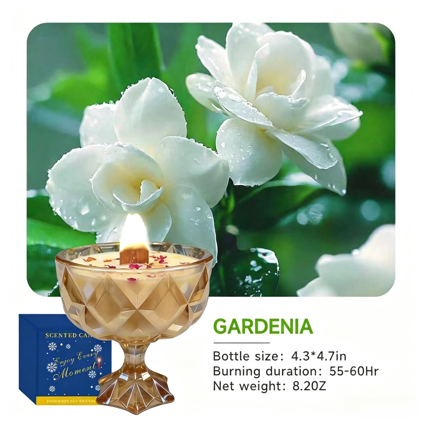 Joo Sko Diamond Bowl Shape Soy Wax Gardenia Scented Candle, Aromatherapy Jar Candles for Home Scented or As a Christmas Holiday Candle Gift for Your Lover(8.2OZ/60Hours Burning)