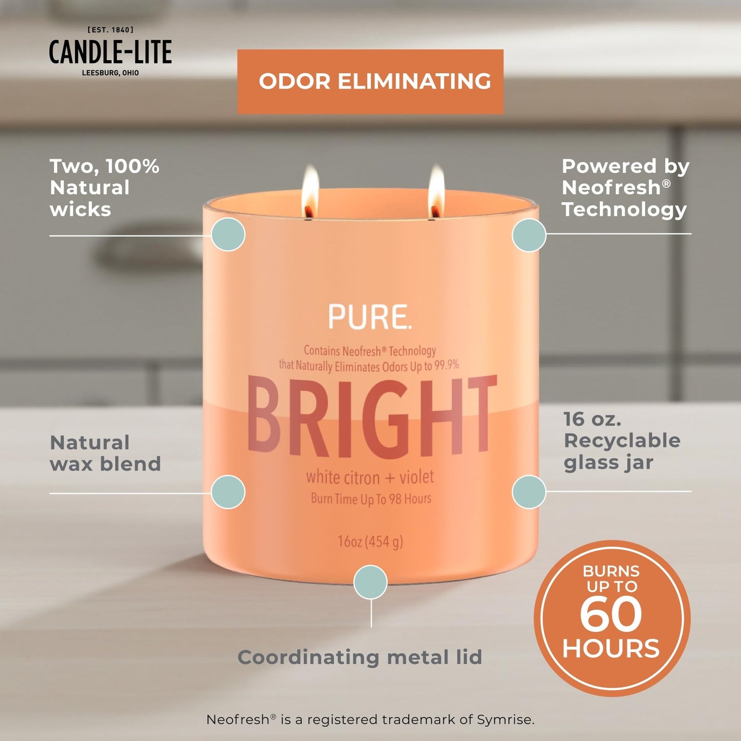 Candle-Lite Pure White Citron & Violet Odor Eliminating Scented Candles, Neofresh Technology Eliminates 99.9% of Odors, 16 oz 2-Wick Jar, Proudly Poured in The USA, Up to 60 Hours Burn Time