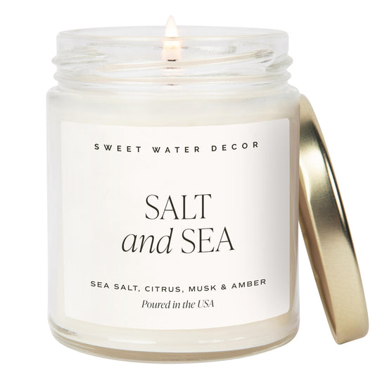 Sweet Water Decor Salt and Sea Candle - Sea Salt, Musk, and Amber Scents - Beach Candles and Decor for Home - 9oz. Clear Jar Soy Candle, Made in The USA