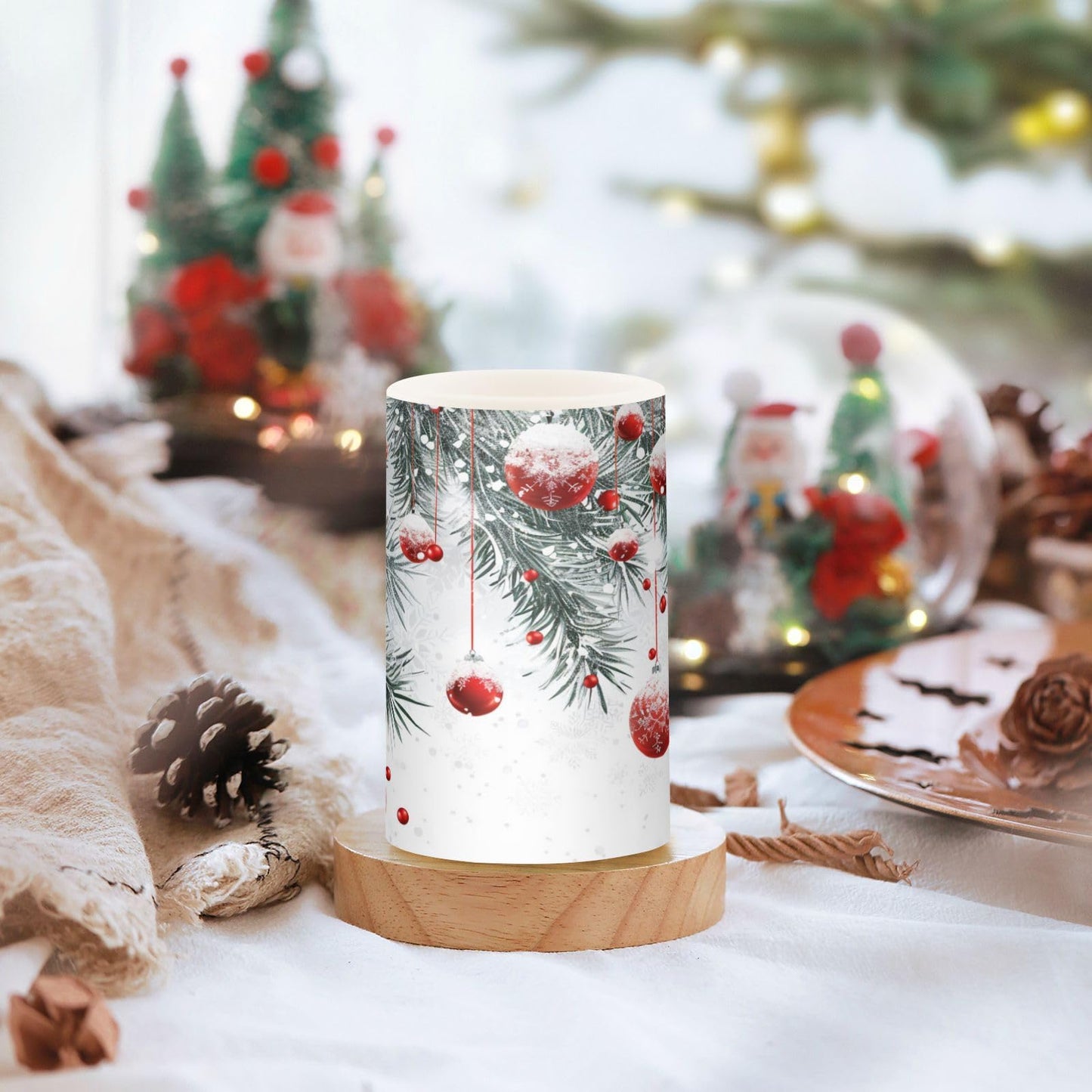Christmas Lights Flameless Candles Winter Christmas Balls Snowflakes Pillar Candles Set of 2 Battery Operated Remote Control Warm Lights Home Decor