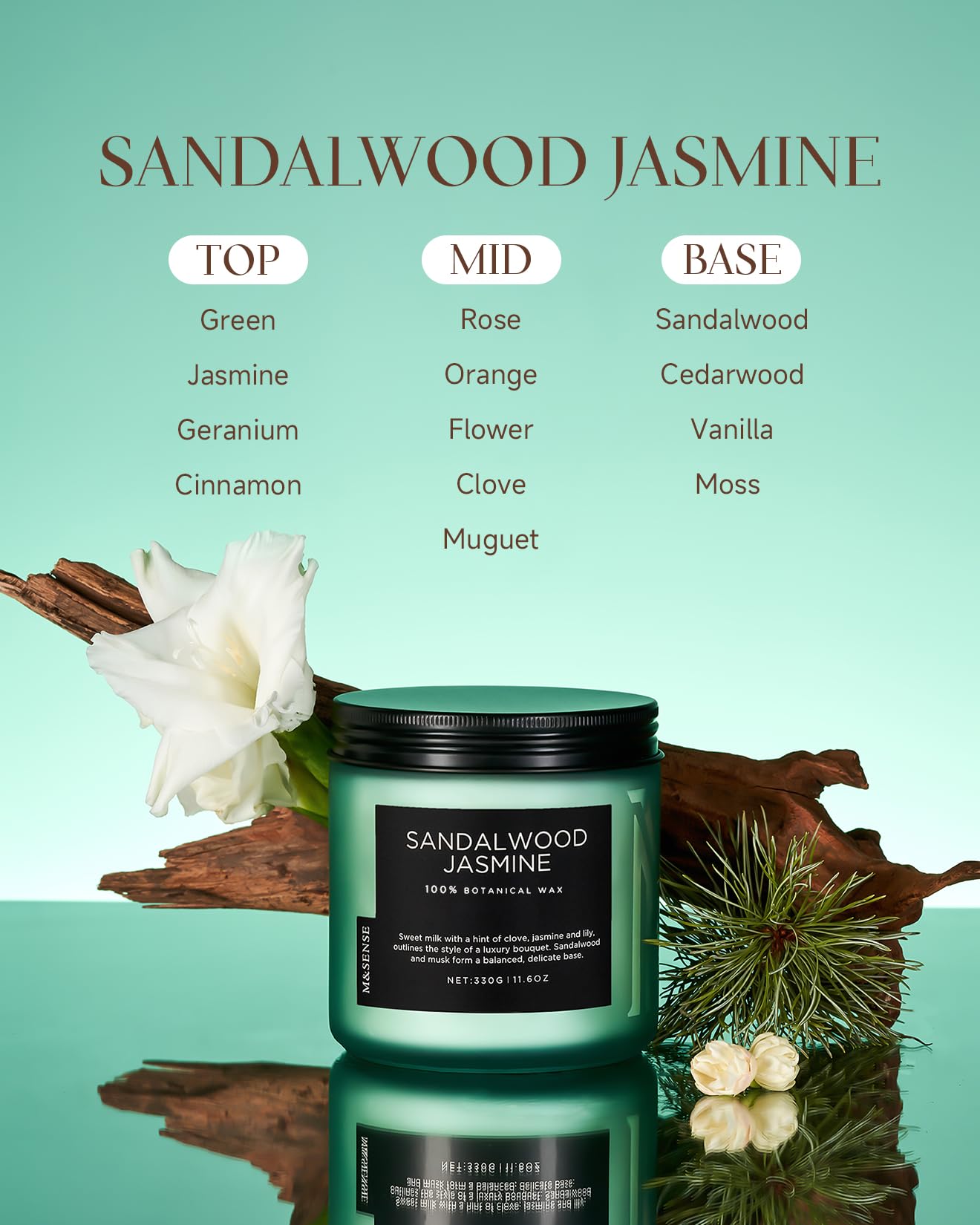 M&SENSE Sandalwood Jasmine Home Scented Candles, 11.6oz Organic Natural Soy Wax, 70 Hours Long Lasting Slow Burning, Non Toxic Clean Burn, Spring Floral Smelling for Meditation Relaxation