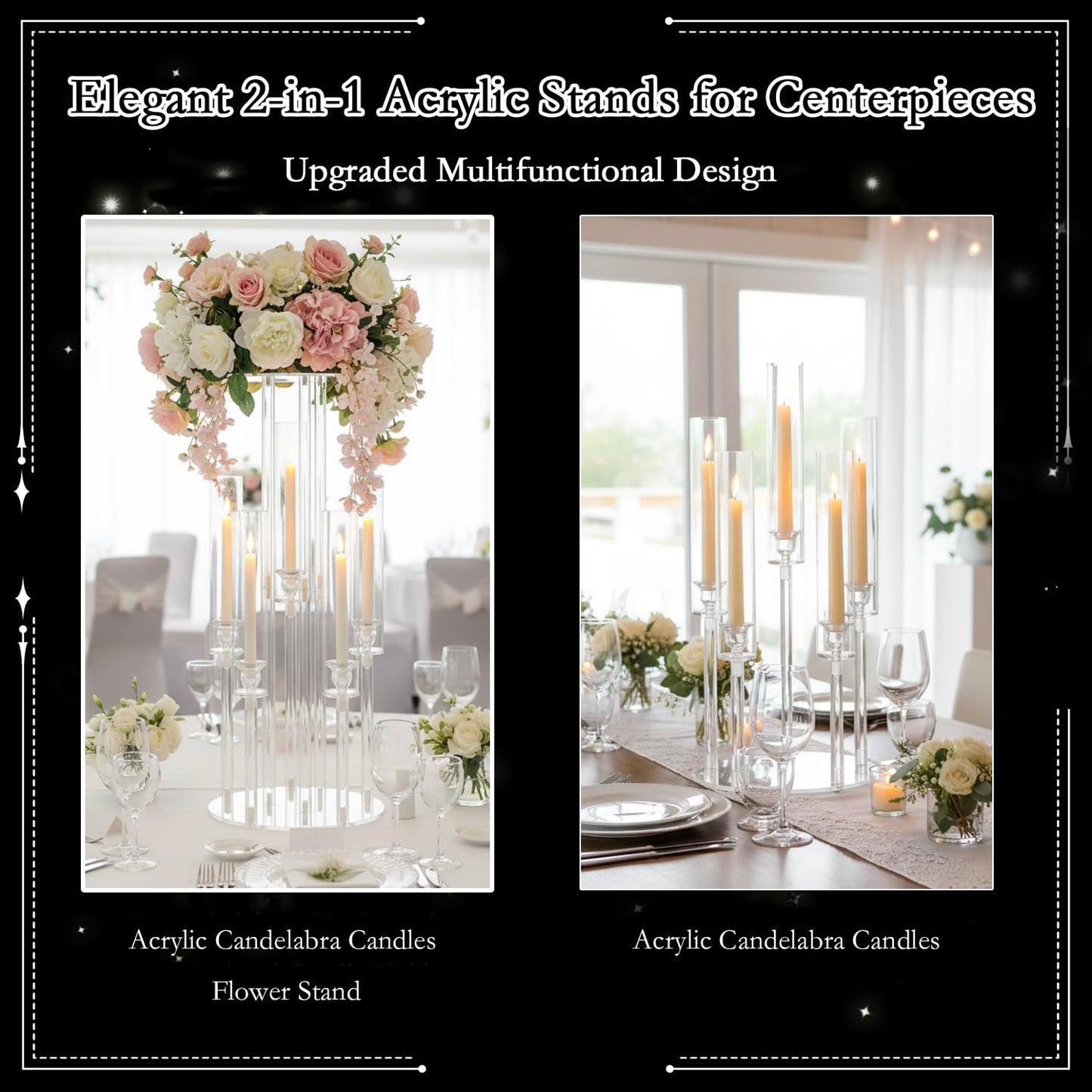 4PCS Acrylic Candelabra Centerpieces for Tables,2-in-1 Clear 5 Arm Candelabras &Flower Stand for Wedding Centerpieces,Acrylic Centerpieces Stand for Birthday Party Event Decor Fit LED Candle
