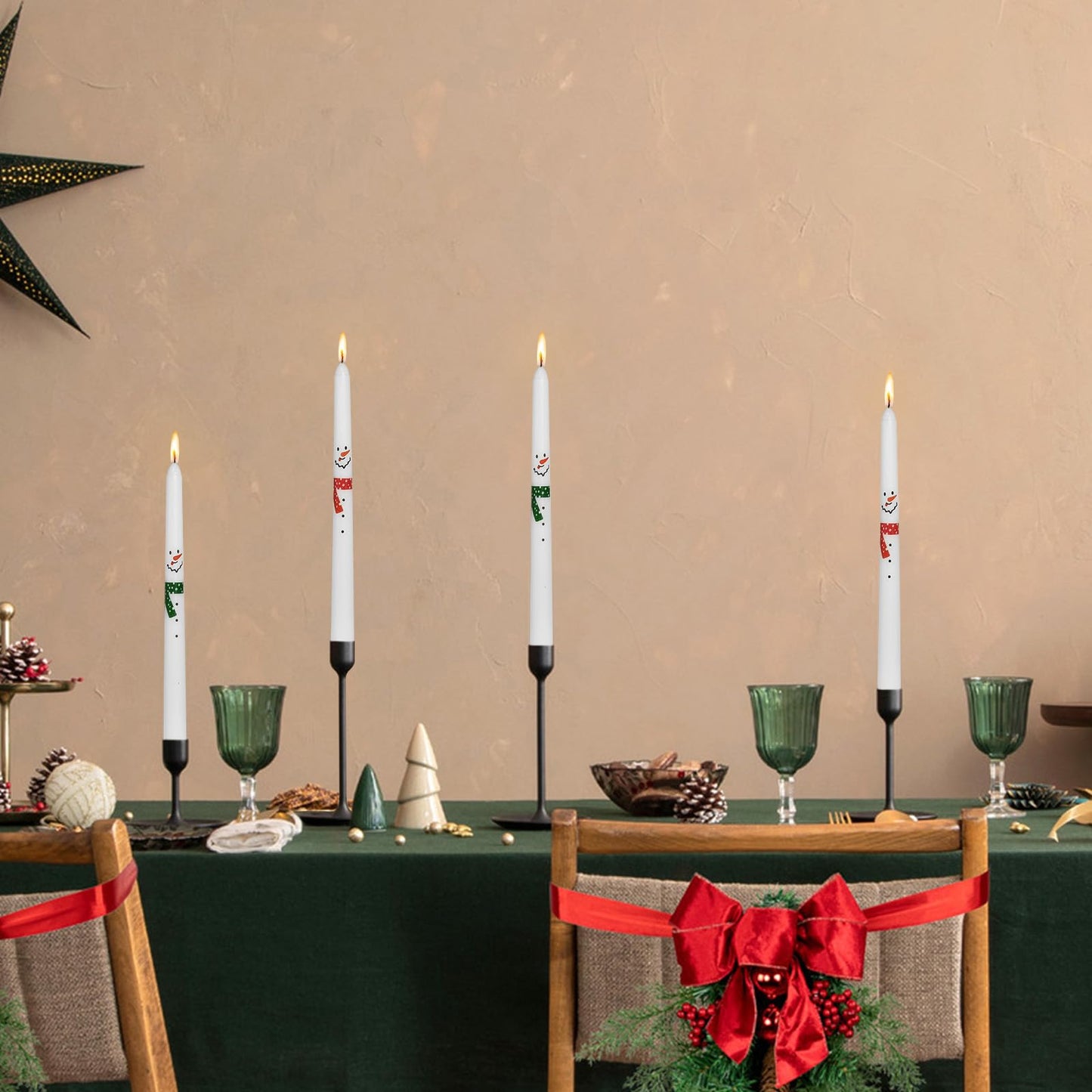 Floral Taper Candles 10 Inch Tall Unscented Handmade Snowman Print Long Burning Elegant Candlesticks for Christmas Decor Gifts