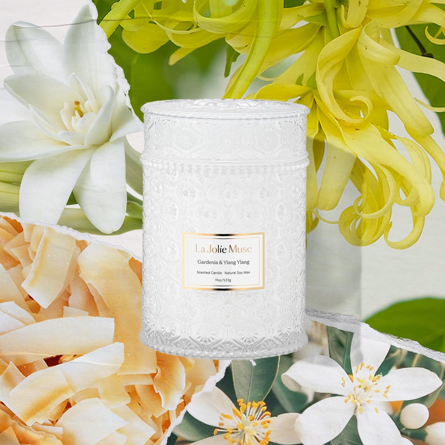 LA JOLIE MUSE Gardenia & Ylang Ylang Scented Candle for Home | 19 oz Non Toixc Natural Soy Floral Candle | Large Jar Candle for Women | Luxury Gifts for Mom | Wood Wick