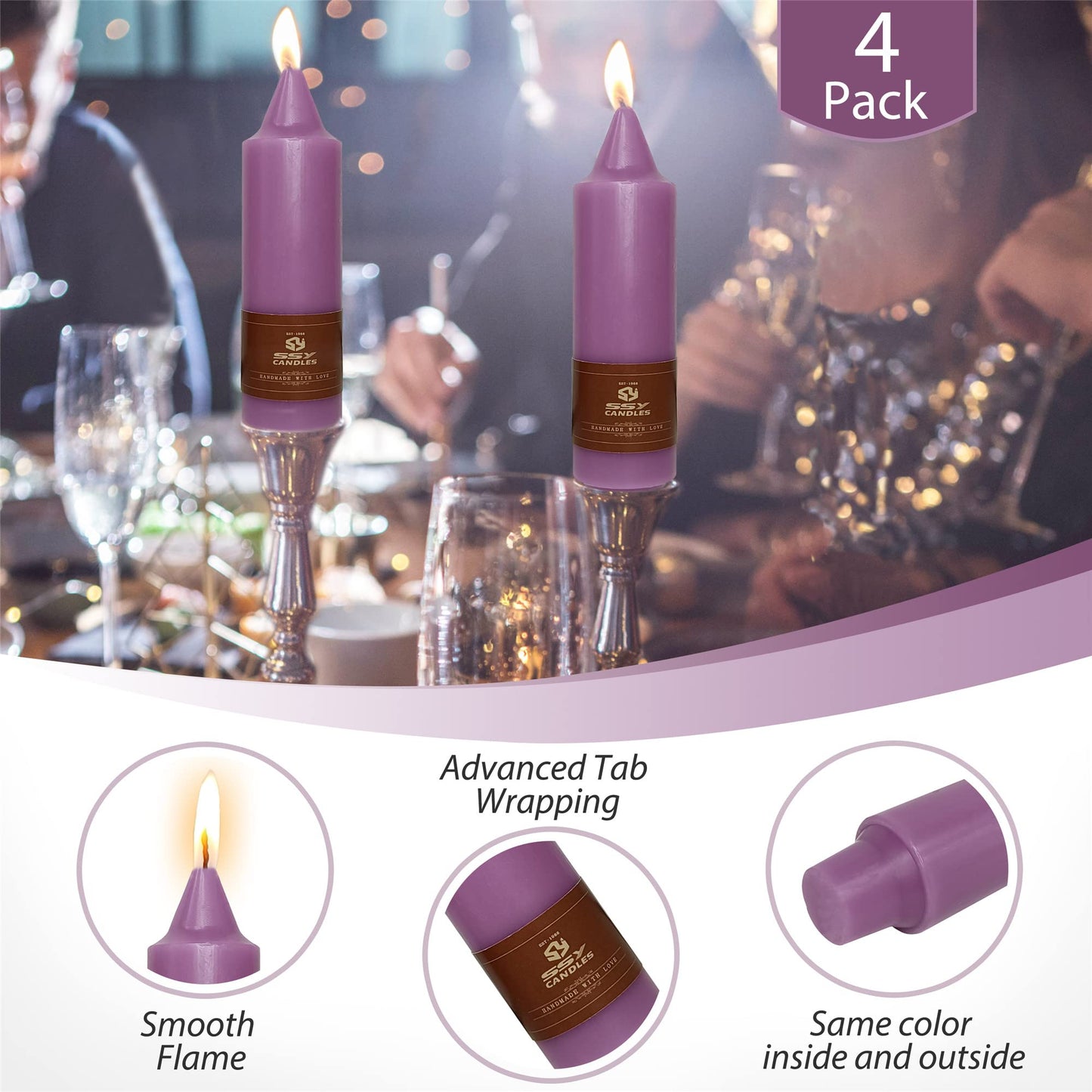Dripless Candlesticks Short Taper Candle,Gedengni 4pcs Small Candle Sticks Purple Tapered Candles Unscented Dinner Candles for Home Weddings Festive Holiday Party,7D4PC-PURPLE