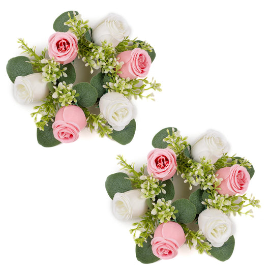 NUPTIO Flower Wreath for Table Centerpieces: 9.05 Inch Small Pink & White Candle Rings for Wedding Party Christmas Decorations - Rose Wreaths for Spring Summer Front Door Porch Decor 2 Pcs