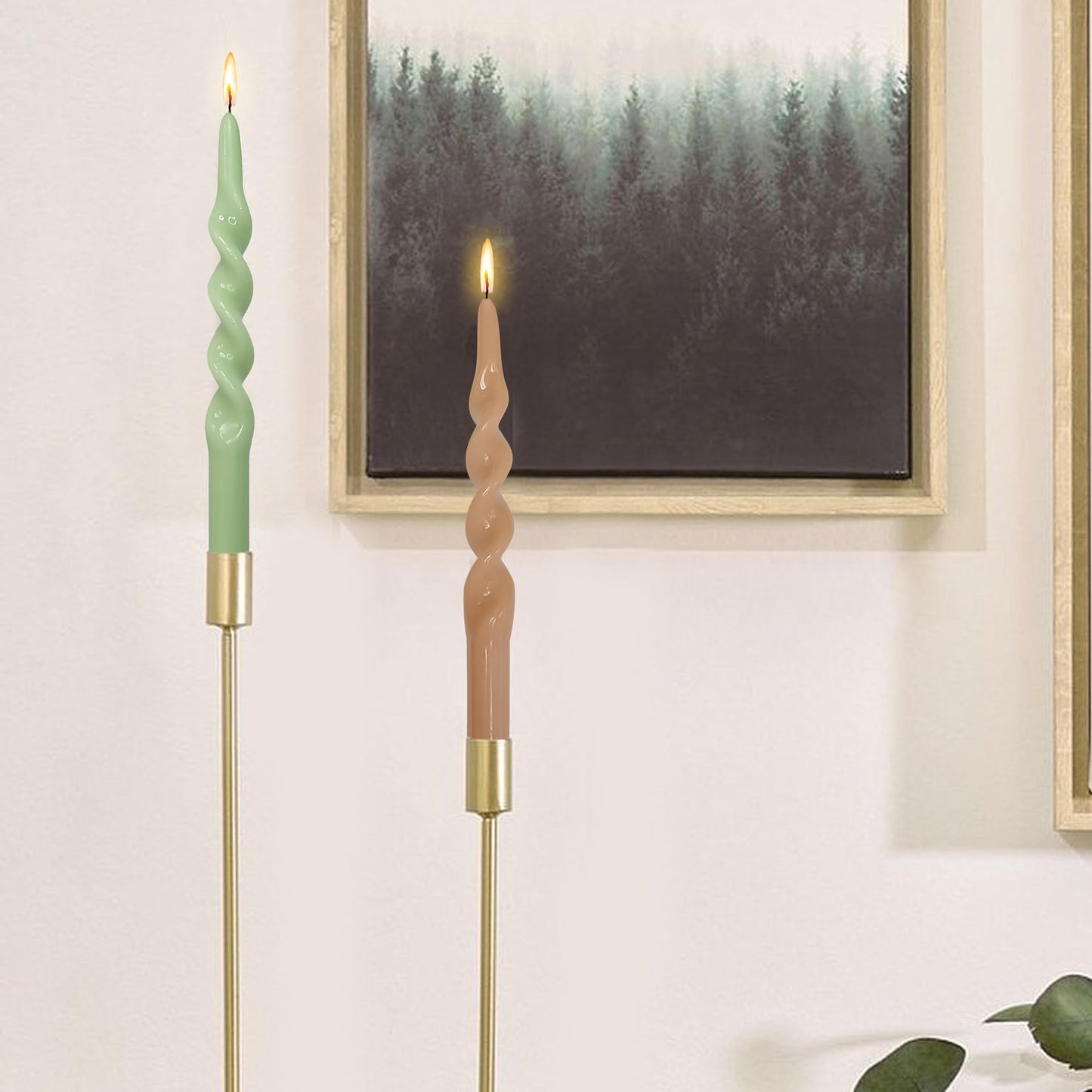 XINAOBAOLUO Spiral Taper Candles Twisted Candlestick 10 Inch Tall Candle Stick Smokeless Wax Candle Unscented Long Candles for Home Decoration Holiday Wedding Party, Brown & Green