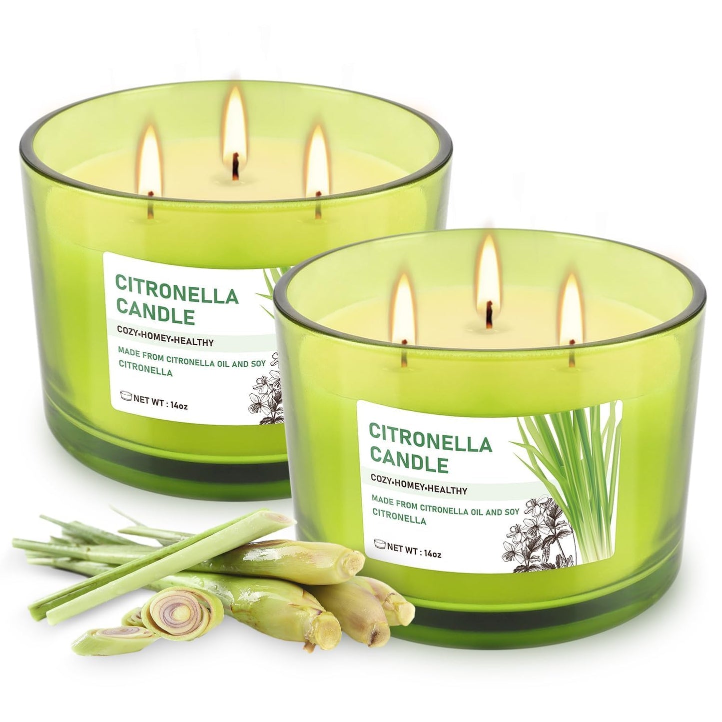 CAKETYCG Set of 2 Green Glass Jars Citronella Oil Candles 14oz Smokeless & Outdoor Candles Perfect for Courtyards, Backyards, Camping, Picnics, and Garden.