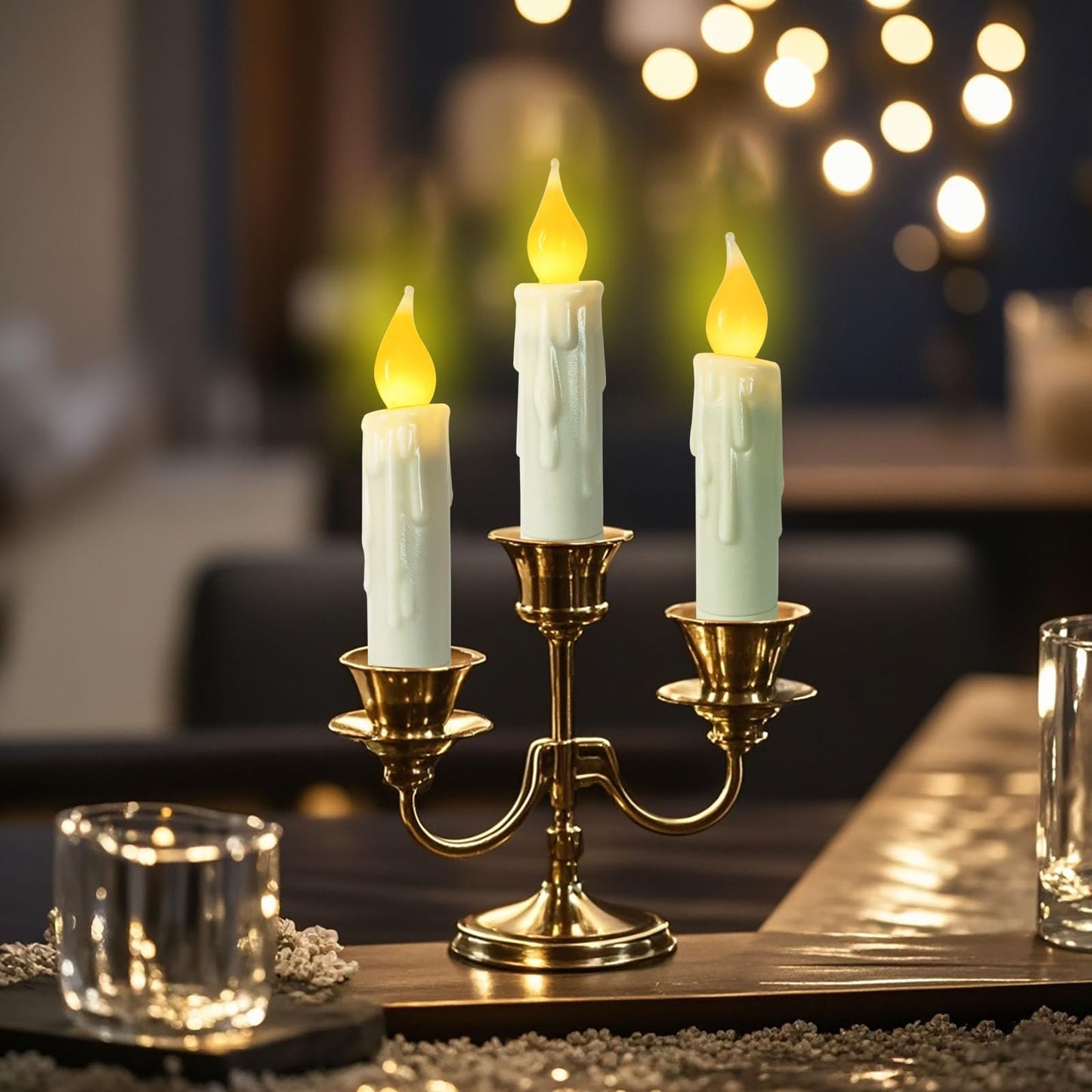 Short Taper Candles Battery Operated with Timer Real Wax Hand Dripped Flameless Taper Candles,4 Inch Ivory LED Candlesticks Flickering Country Primitive Christmas Halloween Decorations,Set of 3 PCS