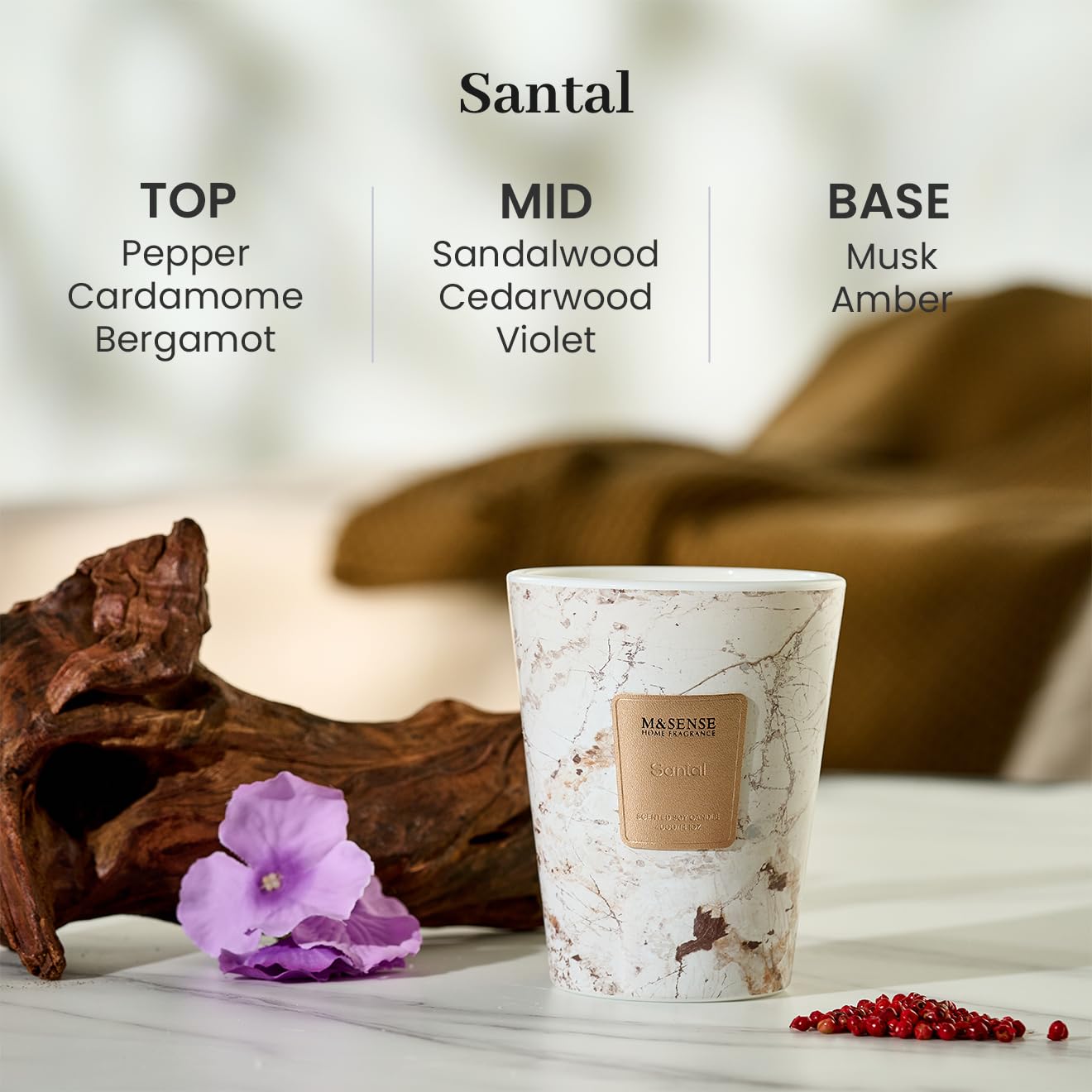 M&SENSE Santal Scented Soy Candle, 3 Wick Highly Scented 14.1 Oz 75H, Aromatherapy Christmas Gift for Women and Men