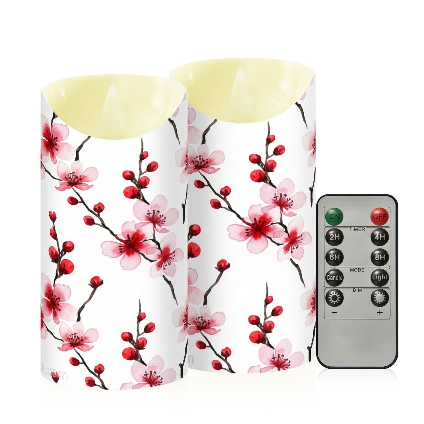 ALAZA Cherry Blossoms Pink Red Flickering Flameless Candles Battery Operated with Remote Timer,Tea Light Candles LED Pillar Votive Set of 2 for Outdoor Indoor Decorations 3" x5.9"