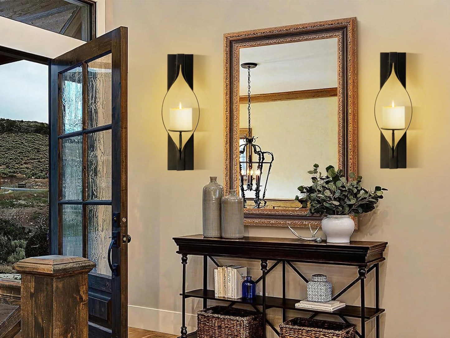 Wall Candle Sconces Set of 2, Decorative Metal Candle Holder for Living Room, Farmhouse, Fireplace (Matte Black)