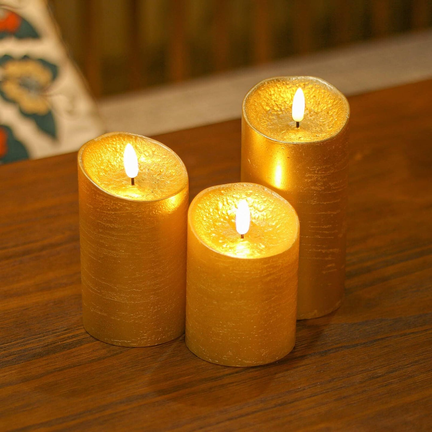 COVEGE Gold Flameless Candles with Remote, Flickering Real Wax Battery Operated Candles with Timer, Set of 3 LED Pillar Candlesfor Home Room Decor Christmas Decoration