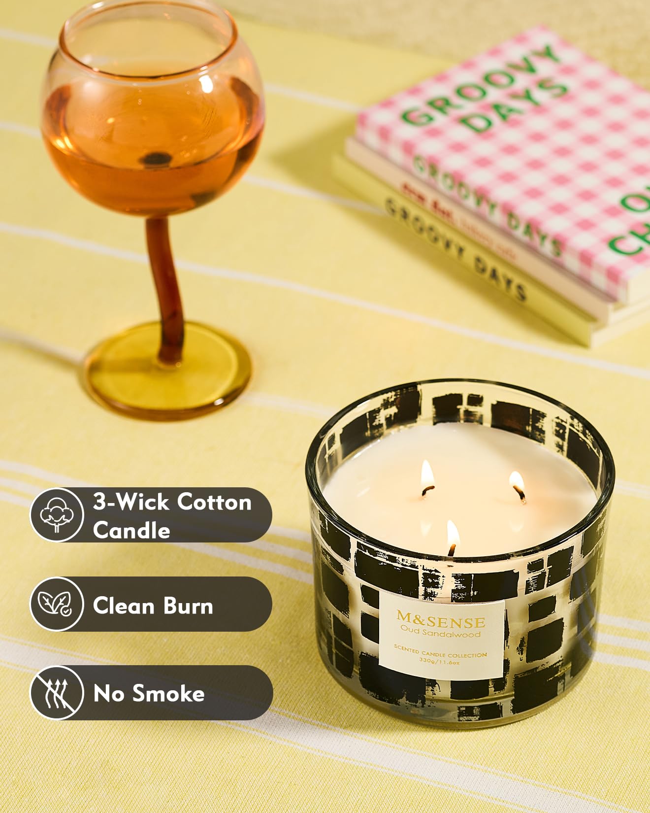 M&SENSE Oud Sandalwood Scented Candle,11.6oz Natural Soy Wax,Non Toxic for Home, 3 Wick Jar Candle, Up to 60 Hours Burn time, Home Decor,Candles for Home Scented