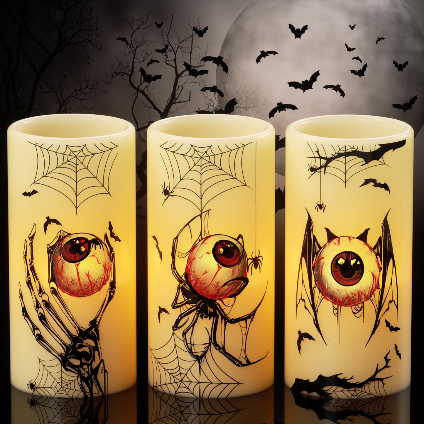 DRomance Halloween Flameless Flickering Candles Battery Operated with Timer, 3 Pack Real Wax LED Pillar Candles Spooky Bloody Eyes Spider Decals Dinner Halloween Decorations Indoor(3" D x 6" H)
