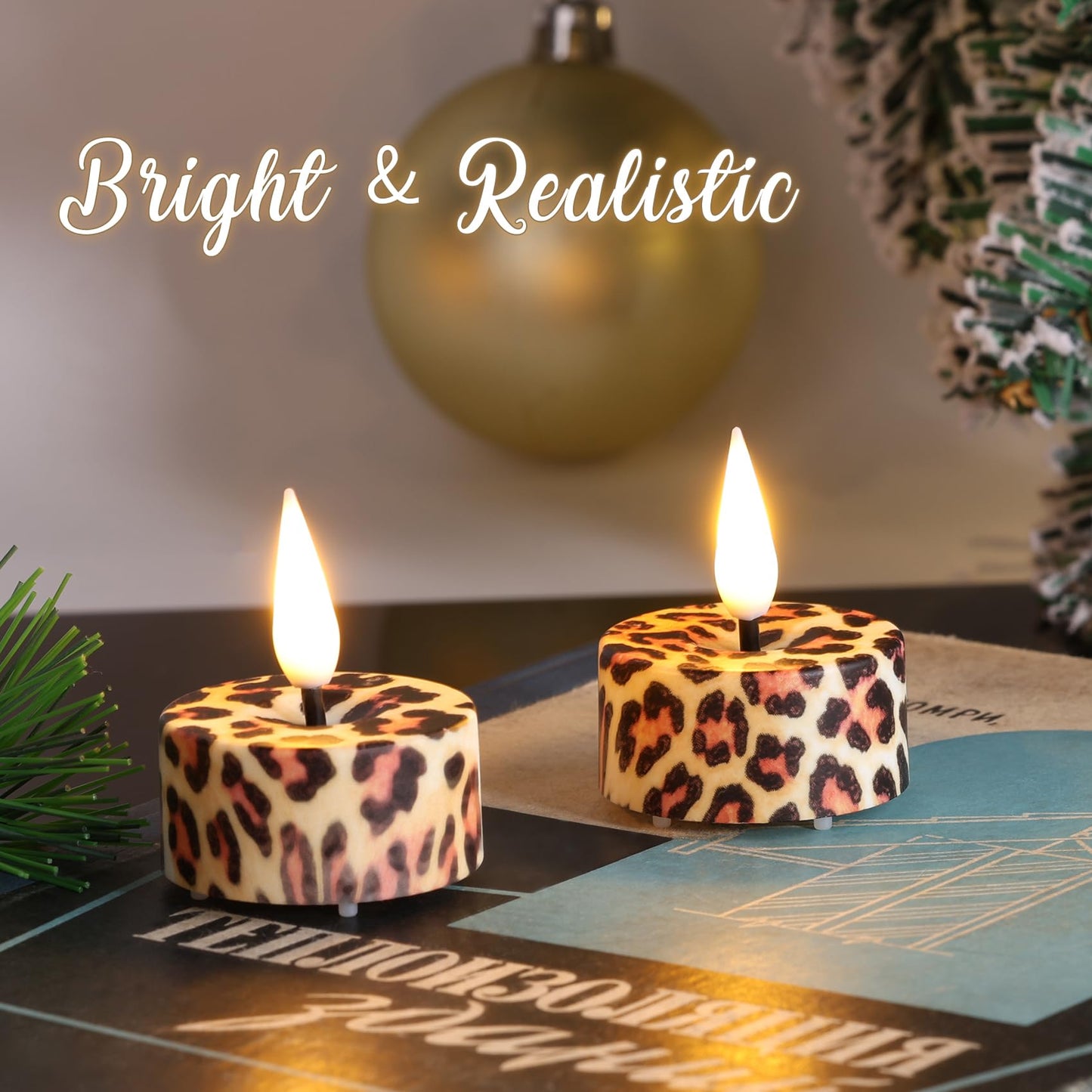 Eywamage Leopard Flameless Tealights with Remote Batteries, Flickering Cheetah LED Tea Votive Candles Set of 12