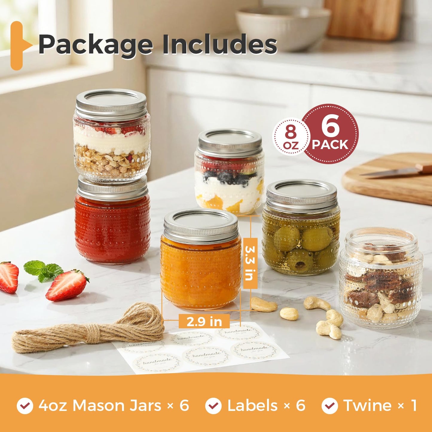 NETANY 6 Pack Small Glass Jars with Lids 8 oz Vintage Embossed Half Pint Mason Jars, Regular Mouth Canning Jars with Metal Lids for Pickling, Jam, Honey, Spice, Yogurt, Candle Making and DIY Crafts