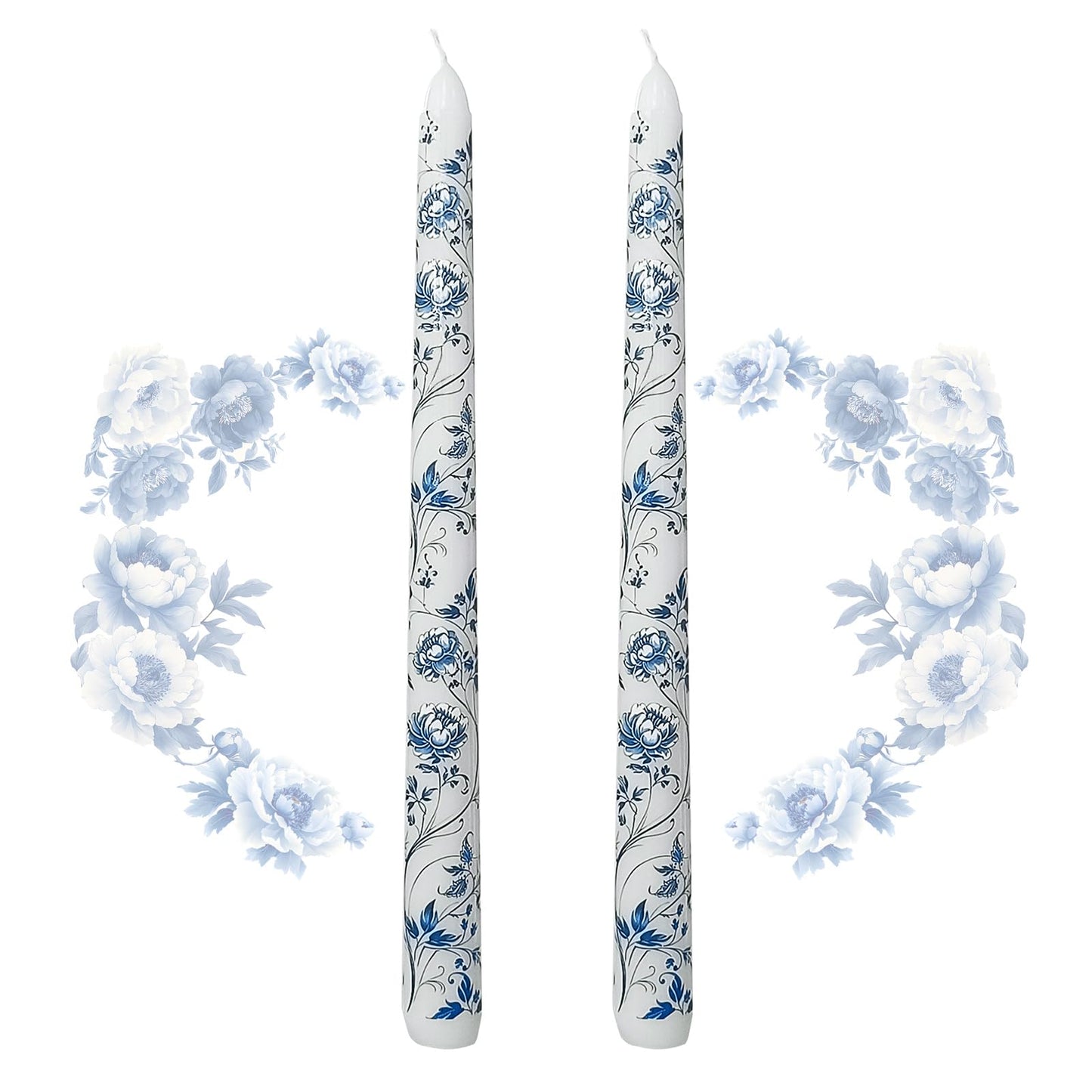 Blue and White Porcelain Taper Candles 10 Inch Print Candle Handmade Unscented Peony Pattern Long Candles 2 Pack Twisted Candlesticks for Wedding Home Decoration Gifts