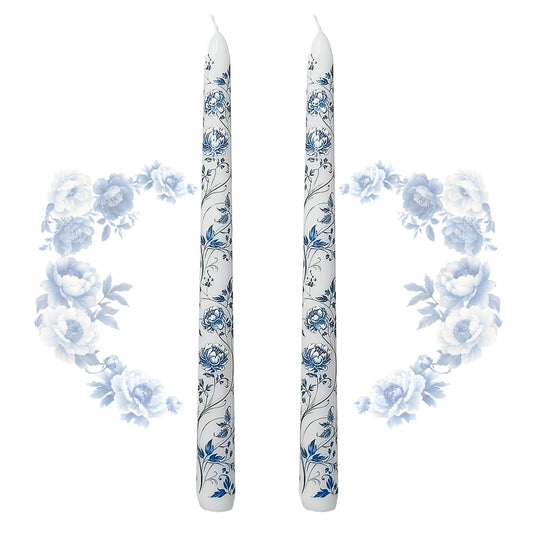 Blue and White Porcelain Taper Candles 10 Inch Print Candle Handmade Unscented Peony Pattern Long Candles 2 Pack Twisted Candlesticks for Wedding Home Decoration Gifts