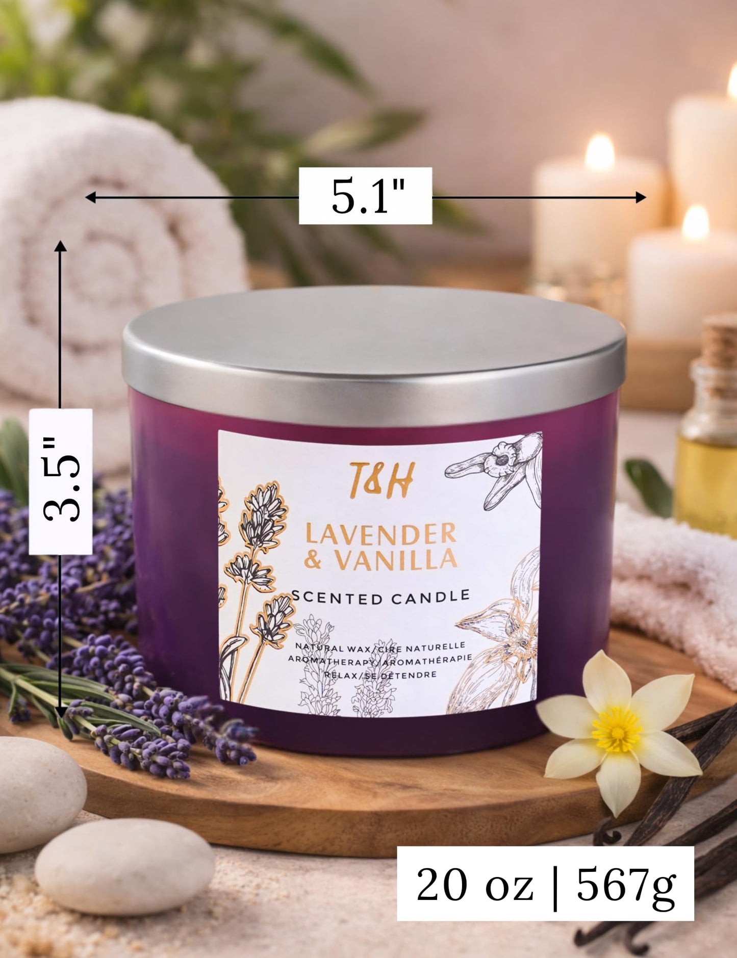 Lavender Vanilla Candle | 4 Wick Extra Large Scented Soy Candles 20 oz | Highly Scented Aromatherapy Lavender Candle for Women | Relaxing Stress Relief Home Scent | Long Lasting Clean Burn