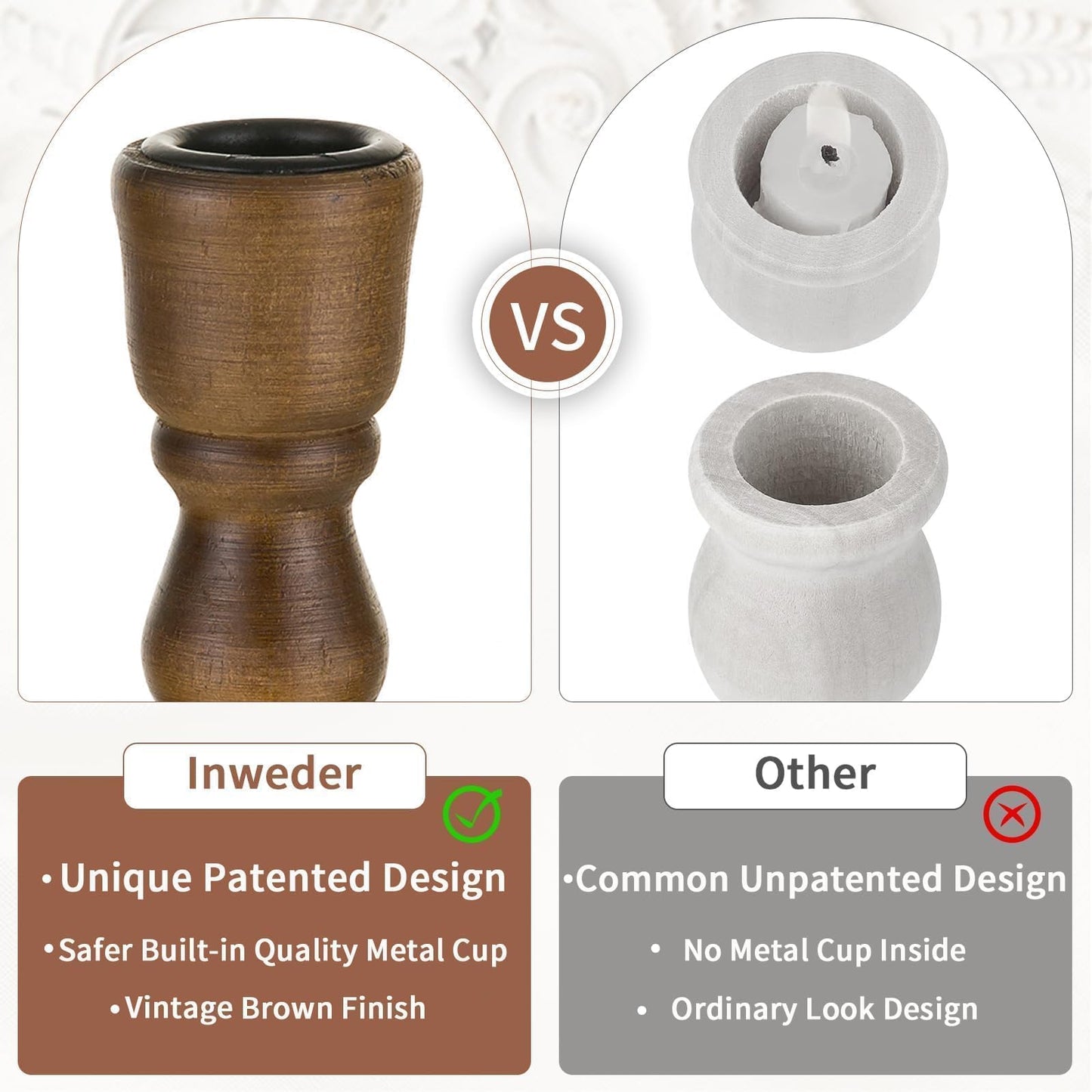 Inweder Wooden Taper Candle Holders: Wood Candlestick Holders Rustic Brown Farmhouse Fall Decor for Living Room Dinning Table Centerpiece Christmas Set of 2