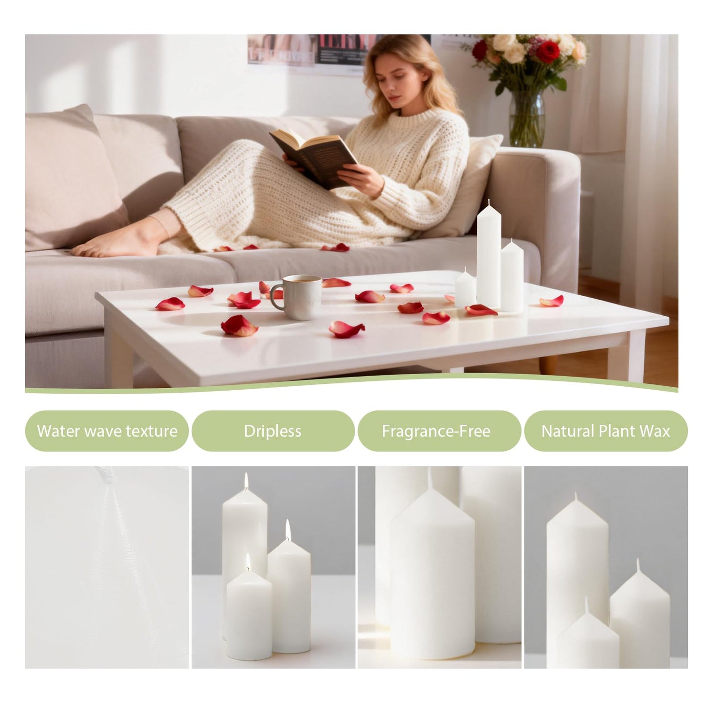 Veiuwa 6 Pcs White Pillar Candles Bulk Set，2x3 2x6 2x8 Inch - 2 Each Size，Hurricane Candles，Dripless Unscented Smokeless，Gives You a Better Atmosphere When Organizing an Event Party.