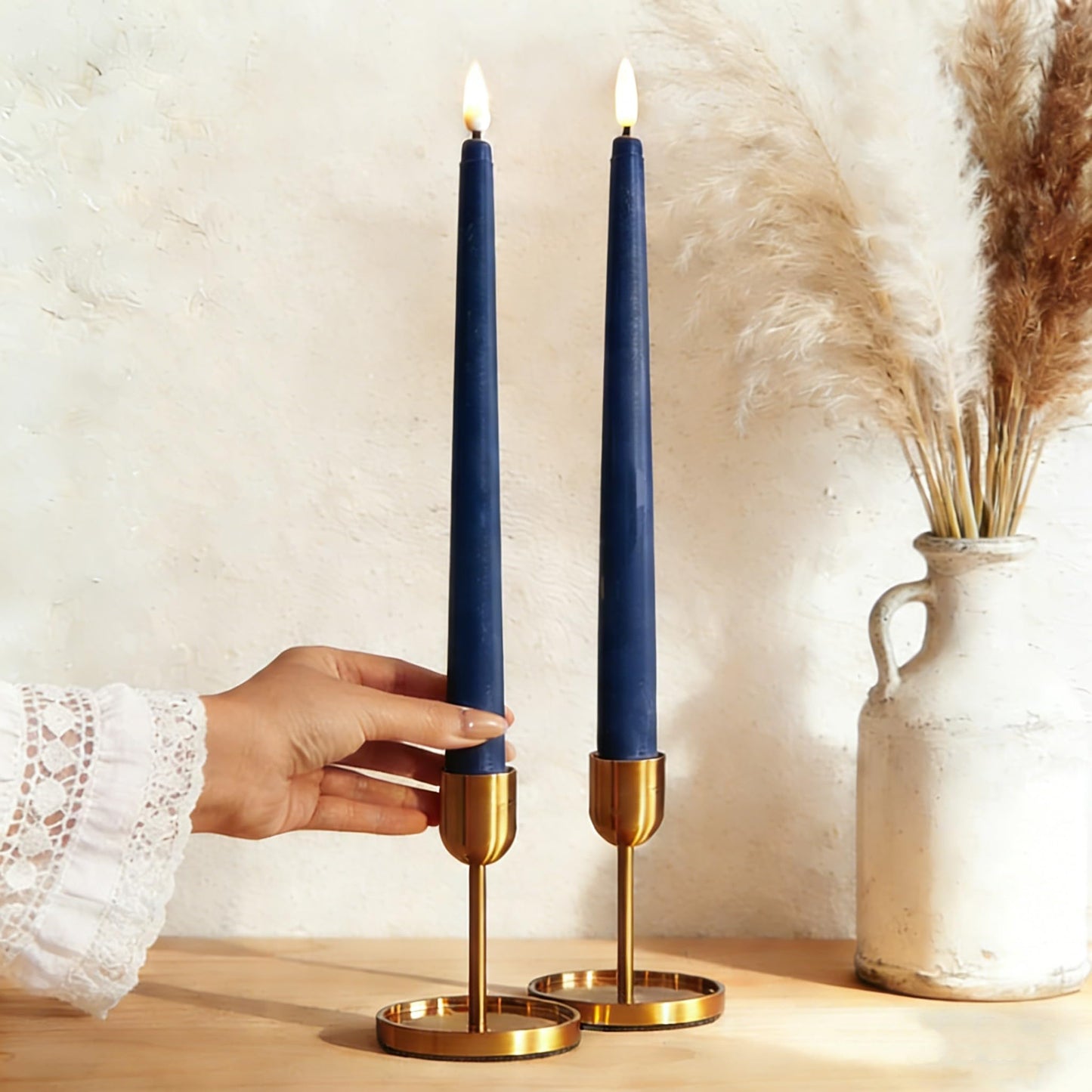 Ni-JASW Navy Blue Flameless Taper Candles with Remote Timer, Flickering Battery Operated LED Candlesticks Home Decor Set of 12