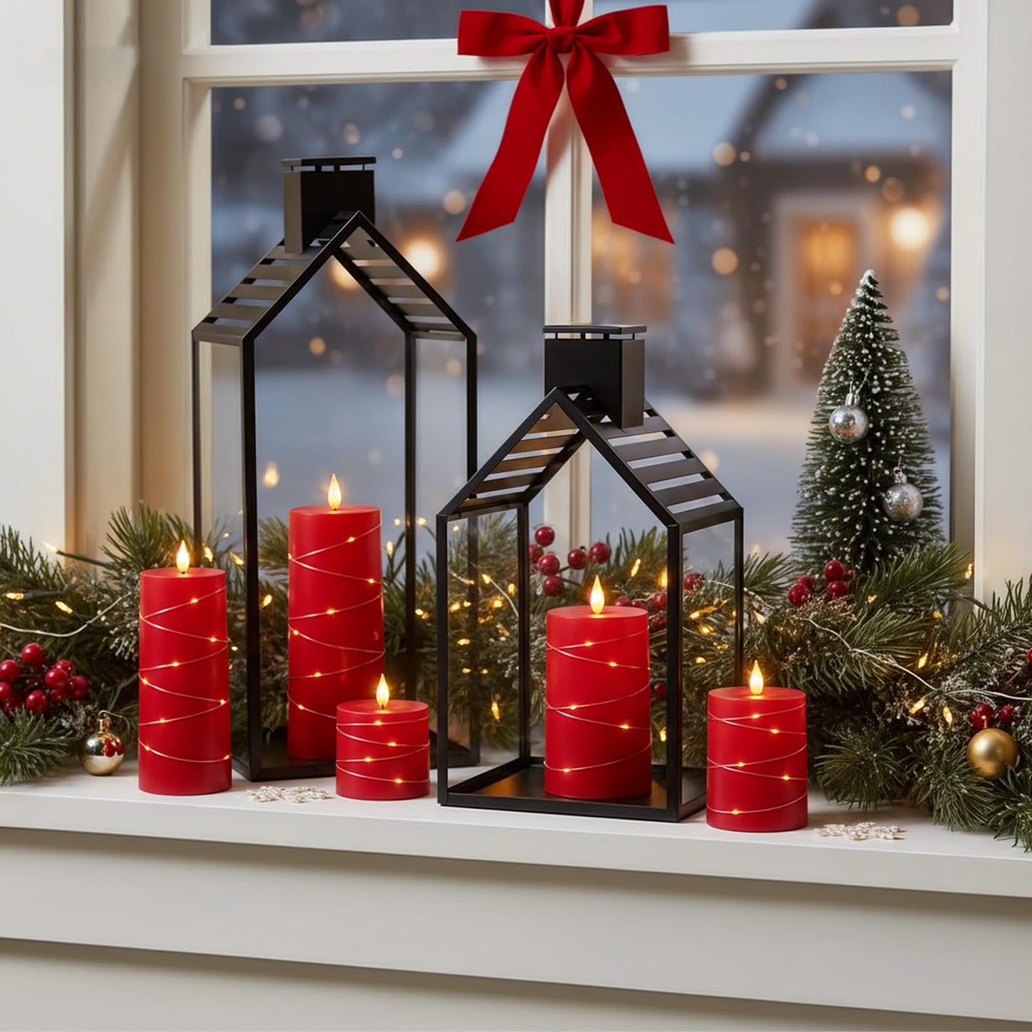 Raycare Independence Day Flameless Candles with Remote Timer, Flickering Battery Operated LED Pillar Fake Candle with String Lights for 4th of July Patriotic Home Decor, Wedding Gift, Red, Set of 5
