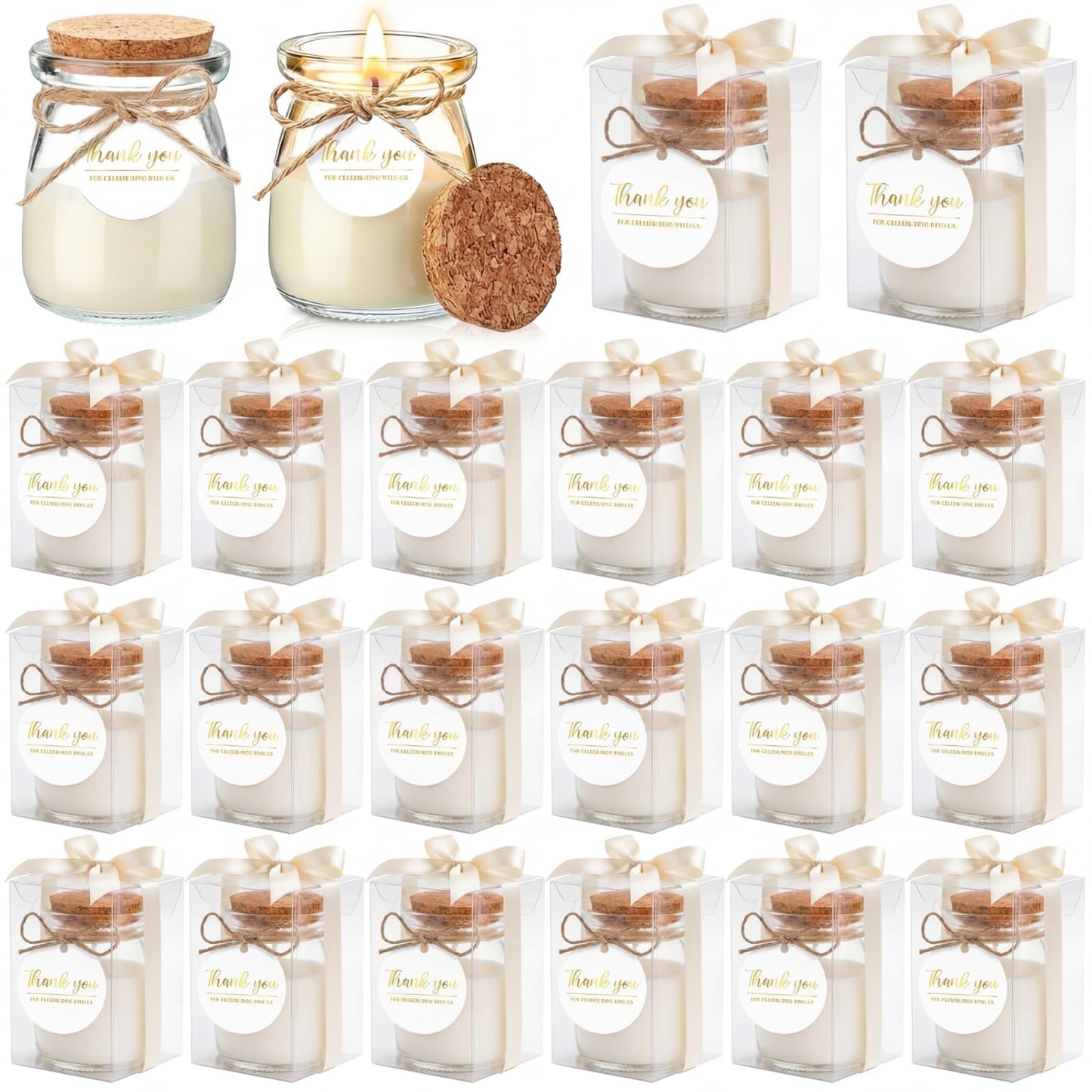 MTLEE 20 Sets Wedding Candle for Guests Beige Thank You Candles Gift Bulk Glass Jars Scented Soy Wax with Clear Gift Box for Bridesmaid Groomsman Bridal Shower Housewarming Party Favors