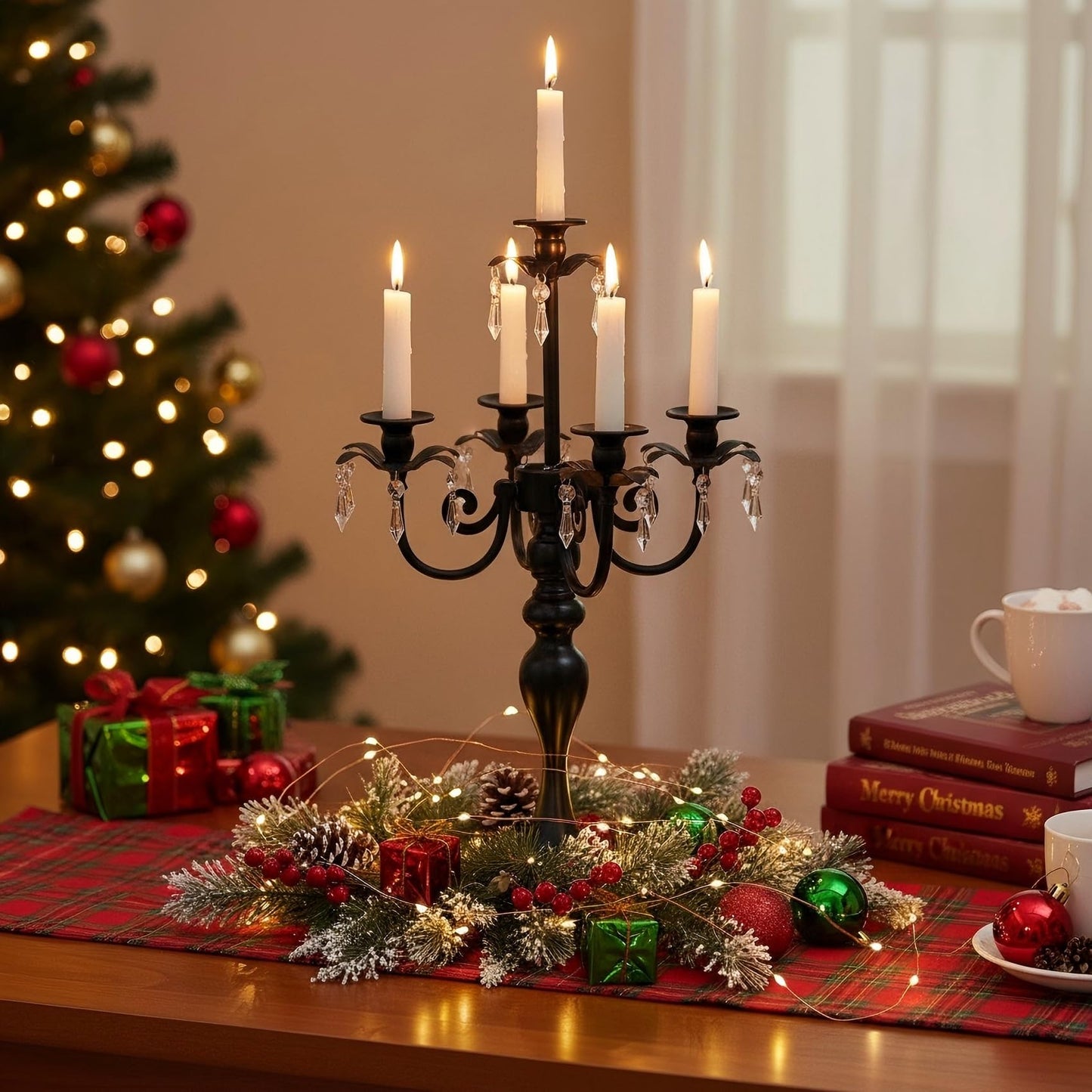 2Pcs Candelabras Centerpieces for Tables, 20" Tall Candlestick Holder for Taper Candles, 5 Arm Crystal Candelabra Candle Holder for Wedding Centerpiece Decor Party Event Reception Decoration (Black)