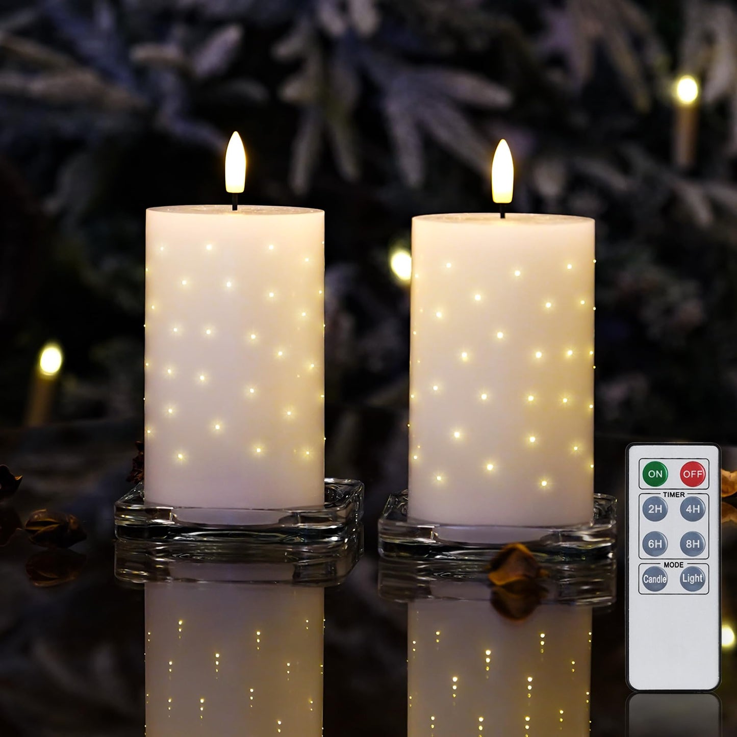 Rhytsing 5 inches White Real Wax LED Candles with Twinkle Fiber Optic Lights, Battery Operated Decorative Candles for Christmas Table Centerpieces, Batteries and Remote Included - Set of 2