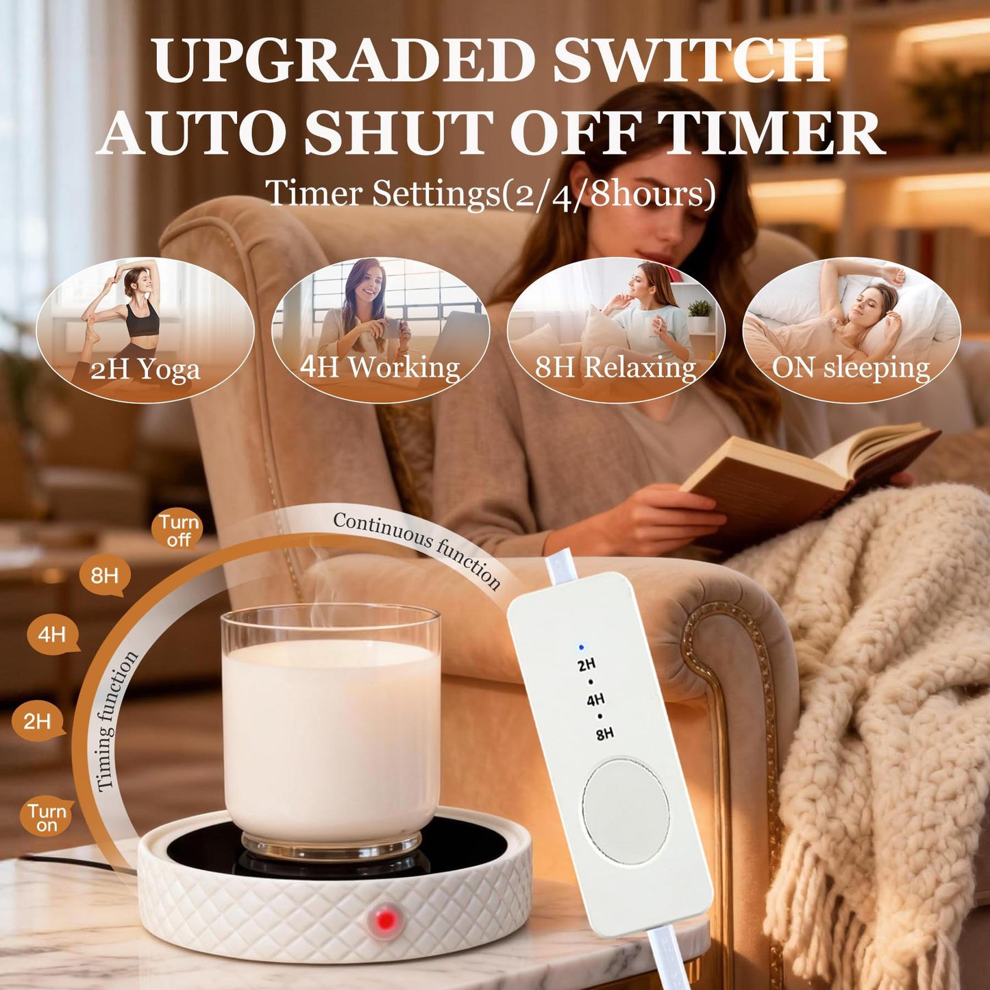 Candle Warmer Plate,with Timer Auto Shut Off Ceramic Electric Large Candle Wax Melt Warmer for Jar Candles, Mug Warmer for Coffee Cup Beverage Milk Tea for Home Office(White)