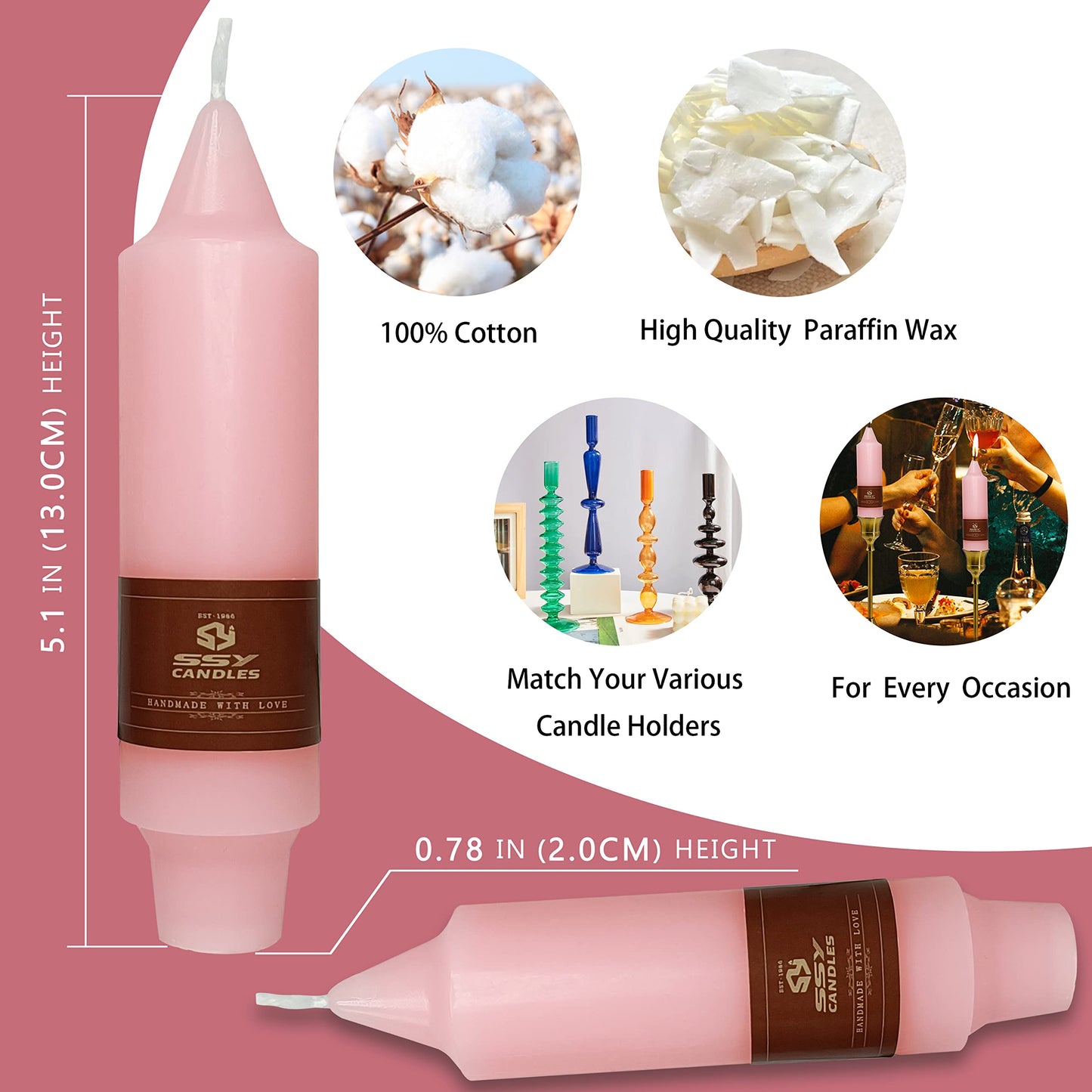 Pink Short Taper Candles Set of 4, 5 Inch Handmade Candle Stick, Unscented Candlesticks, Tapered Candles for Wedding Dinner Table Home Decor Romantic Gift