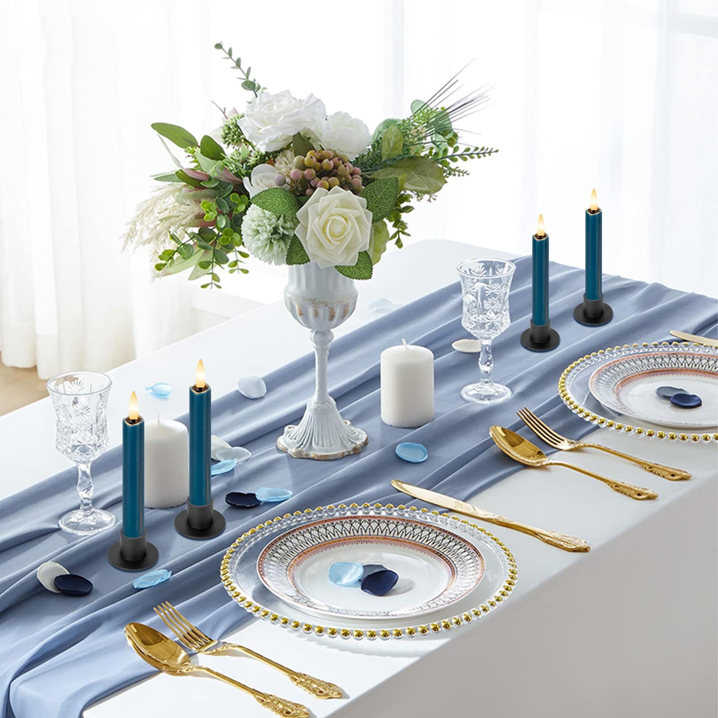 AFINETH Blue Flameless Taper Candles with Remote, Short Battery Operated LED Candles, 6.4inch Flickering Flameless Candlesticks for Table Centerpiece, Wedding, Mantel, Window Decor, Set of 6
