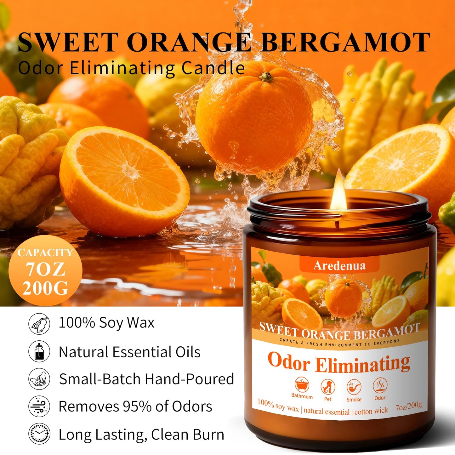 Aredenua Sweet Orange Bergamot Odor Eliminating Candle | Eliminates 95% of Pet, Smoke & Bathroom Odors | 7oz Hand Poured Non-Toxic Soy Candle | Air Freshening Scented Candle for Positive & Relaxation