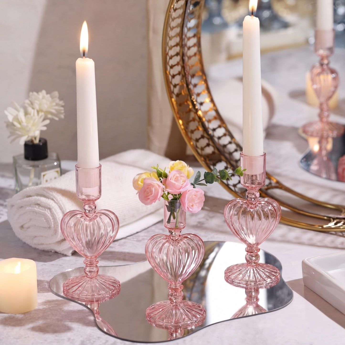 Maxdot 3 Pcs Valentine's Day Pink Glass Candle Holders Pink Heart Glass Taper Candle Holders Heart Candlestick Vase Decor for Valentines Wedding Receptions Festival Party Table Centerpieces Decoration