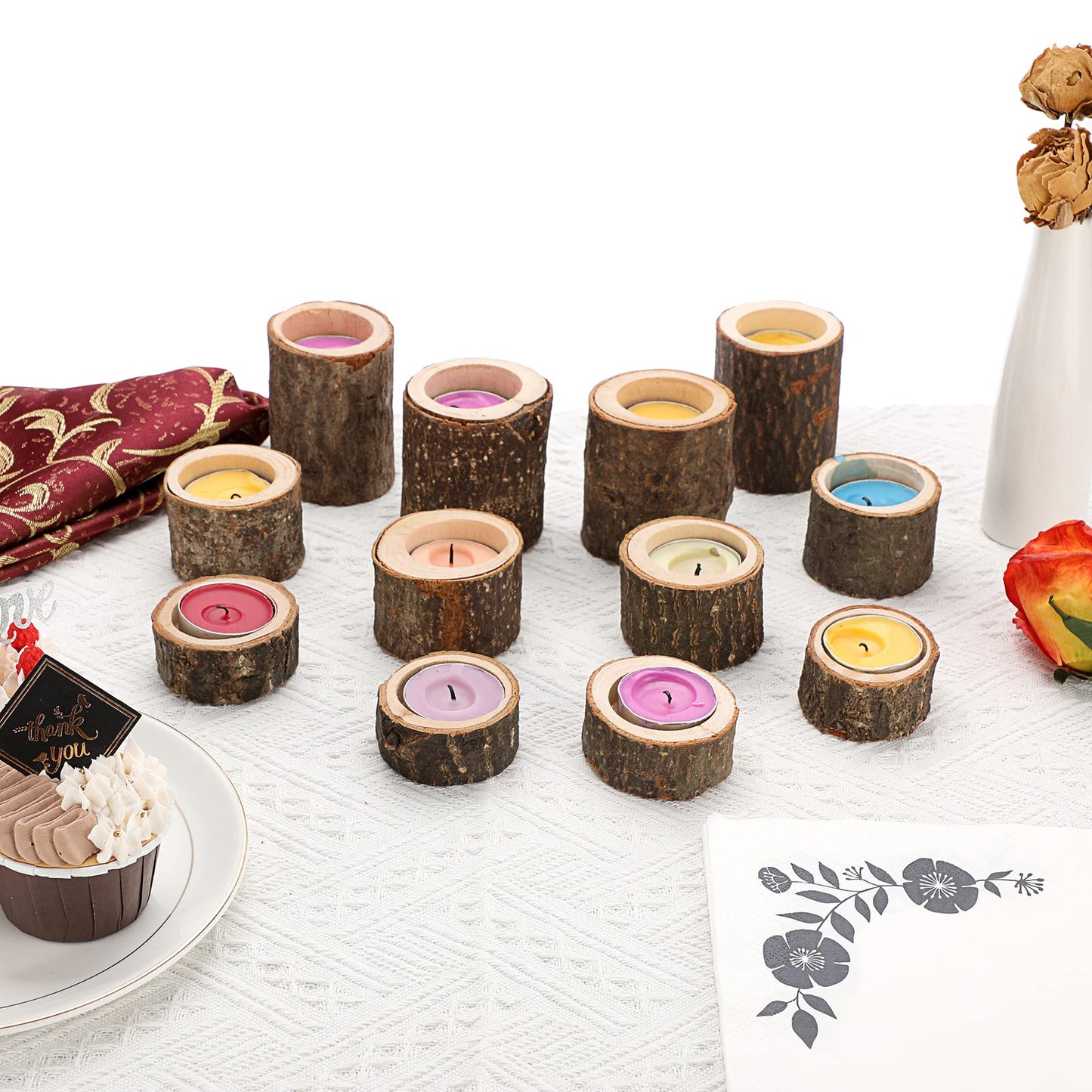 OwnMy Set of 12 Wooden Tea Light Candle Holders Votive Candle Holders, Rustic Pillar Candle Stands Vintage Wood Tealight Holders Set for Wedding Party Dining Table Centerpieces, 1" + 1.6" + 2.7"