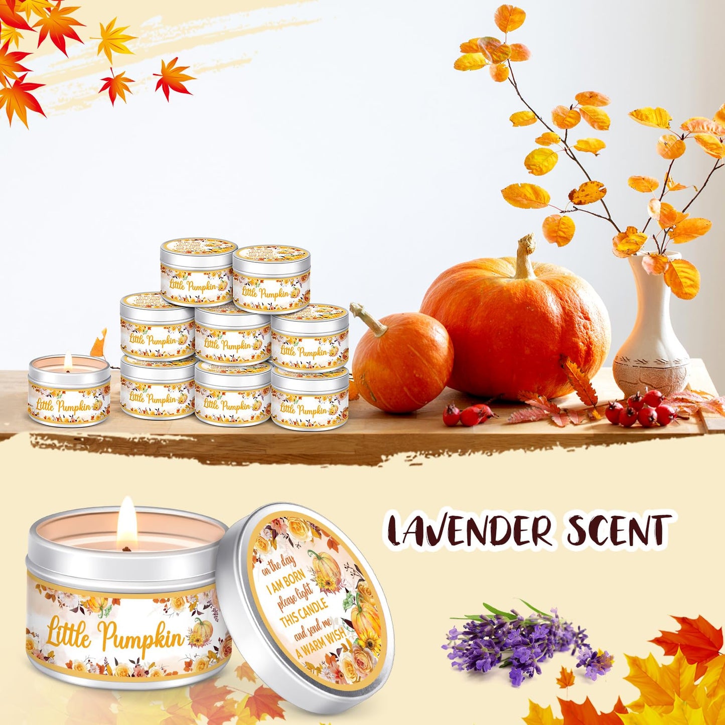 MTLEE 24 Pcs Fall Pumpkin Baby Shower Party Favors Candles Lavender Scented Baby Shower Favors for Guests Rustic Tealights Candles Gender Reveal Return Gifts(1.2 oz, Yellow)