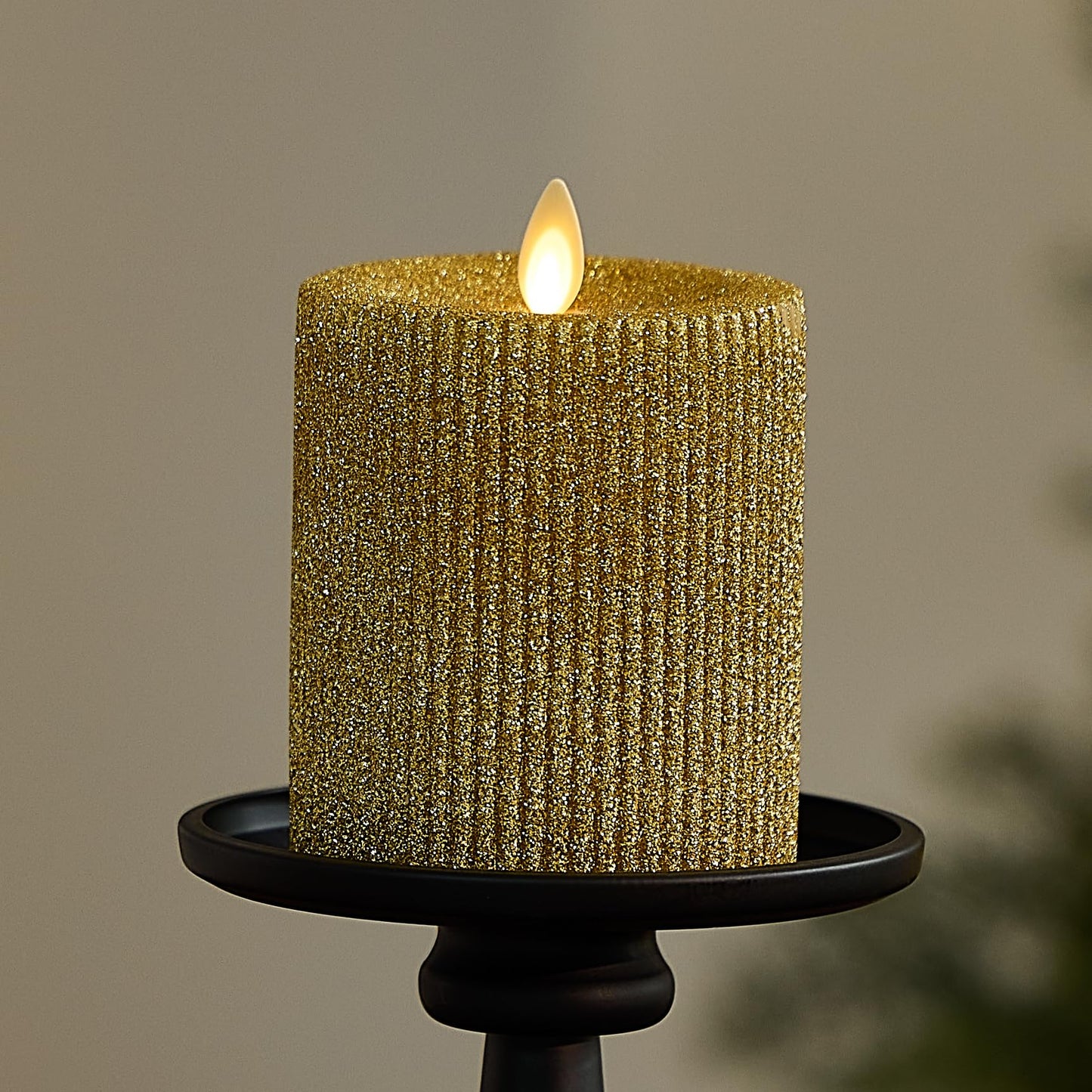 Luminara Rich Gold Glitter Ribbed Flameless LED Candle Moving Flame Pillar, Real Wax, Flat Top, Timer (3.25" x 4.5")