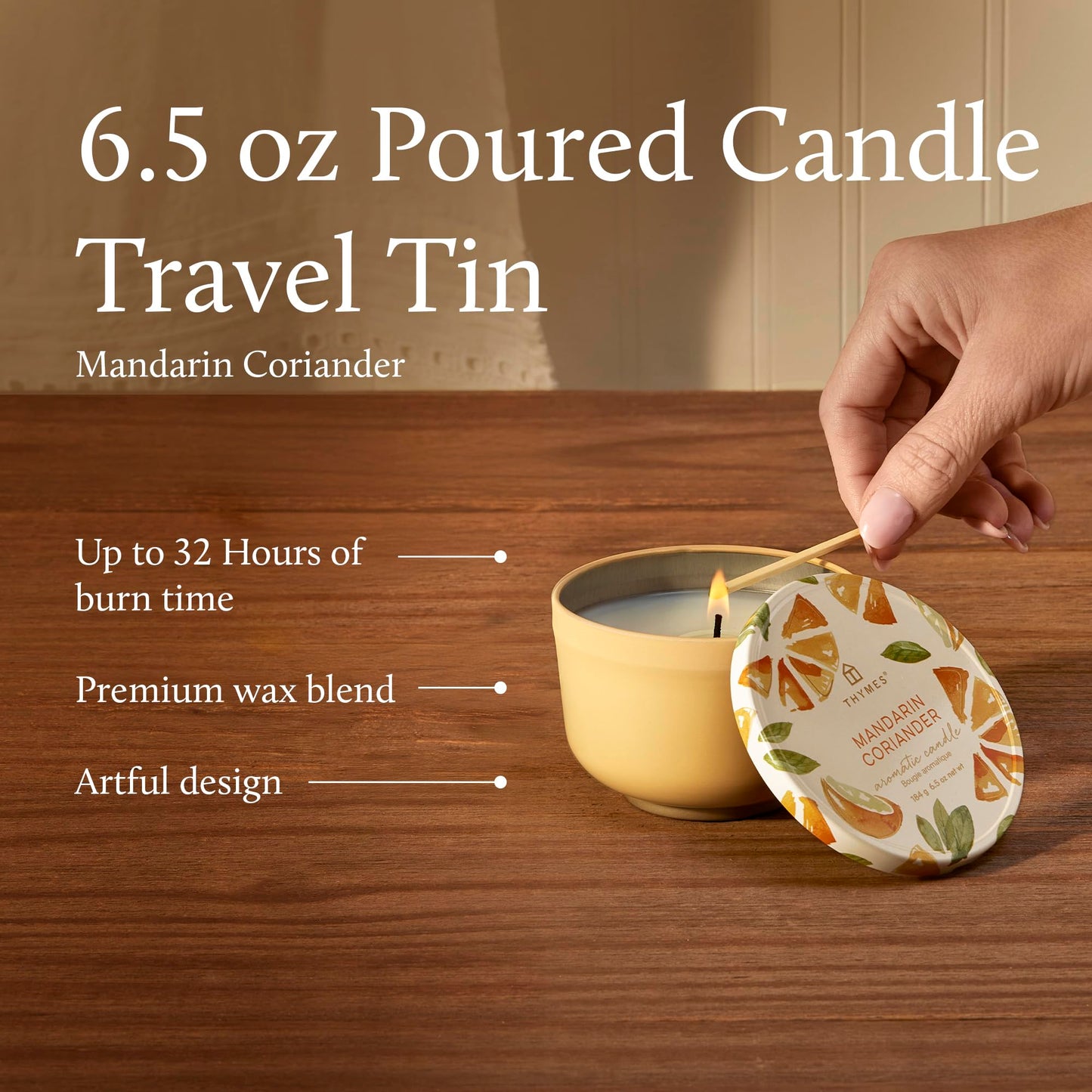 Thymes Scented Candles for Women & Men – Tin with Lid – Luxury Home Decor – Citrus Candle with Notes of Mandarin Oil, Coriander, Grapefruit, Lemon Balm & Green Ivy (Mandarin Coriander, 6.5 oz)