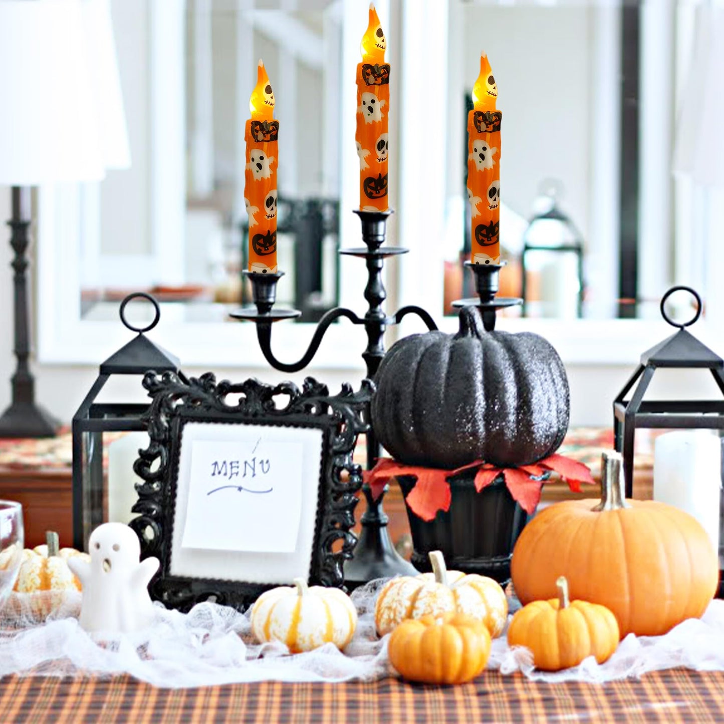 Gedengni Halloween Candlesticks Flameless Taper Candle, 4pcs Printed LED Tapered Candles Remote Dipped Candle 6inch Battery Chandelier for Enchanting Weddings and Harry Potter Inspired Vigils(Hall)