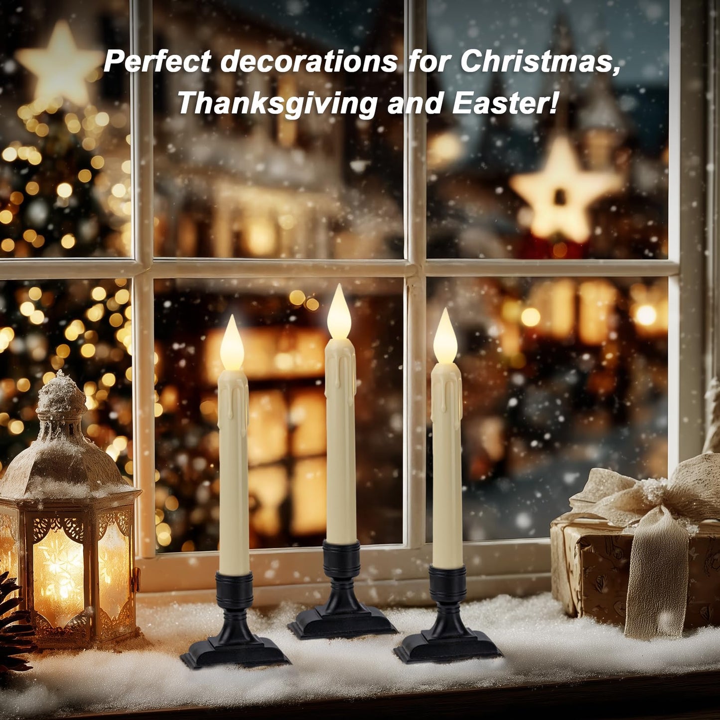 Meigic 6 Pcs Sensor Dawn to Dusk Window Candles, Flickering Battery Candles for Windows, Ultra Bright Fake Candle Lights with Black Holders, Led Candlesticks for Xmas Home Decor, White Light