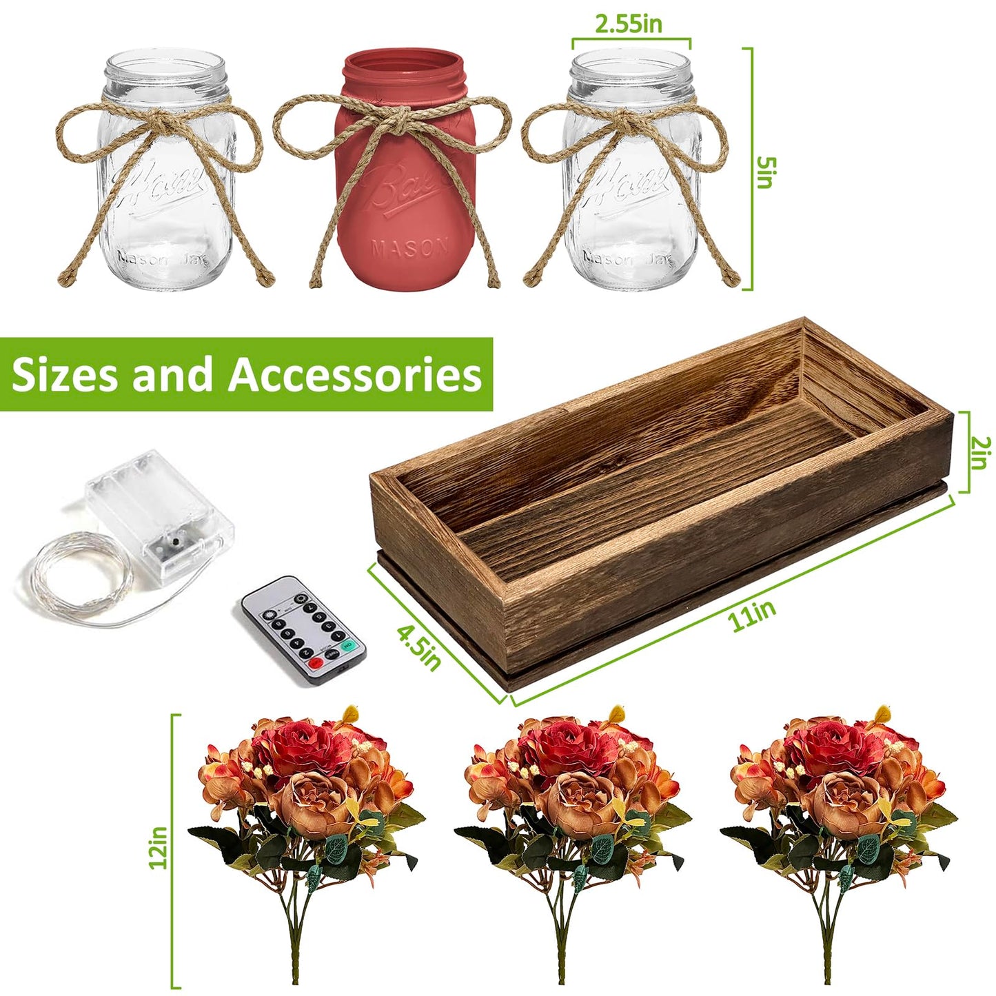 HOMECOR Mason Jar Light Centerpiece Table Decor for Dining Room - Farmhouse Centerpiece Table Decorations with Wood Tray and Remote Control LED Lights for Coffee Table Decor Living Room Wedding