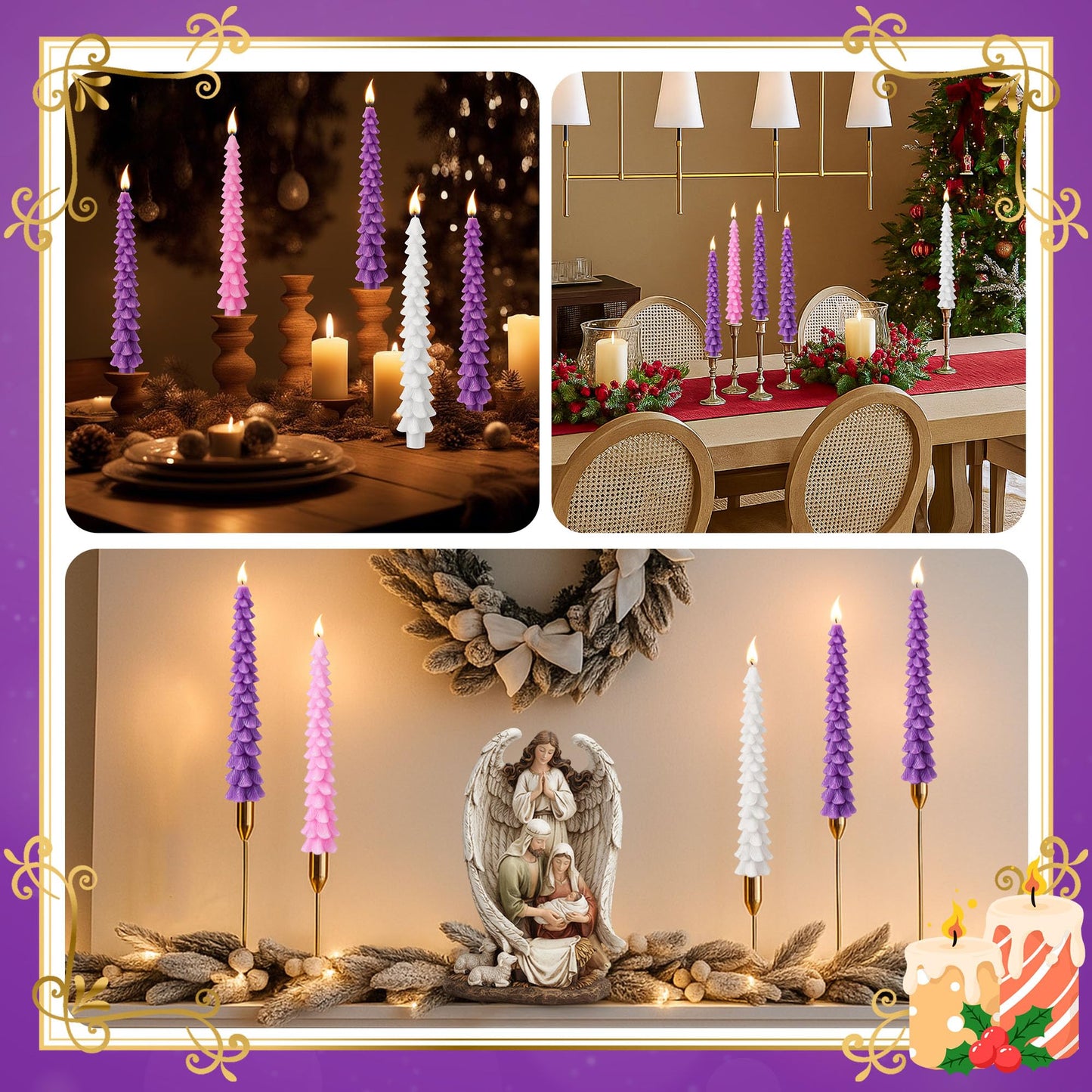 Enhon 5 Pcs Advent Candles Set, 10 Inch Tree Shaped Taper Candles, Unscented Beeswax Christmas Advent Wreath Candle for Xmas, Holiday, Church, Party, or Home Decor (Purple,Pink,White Style)