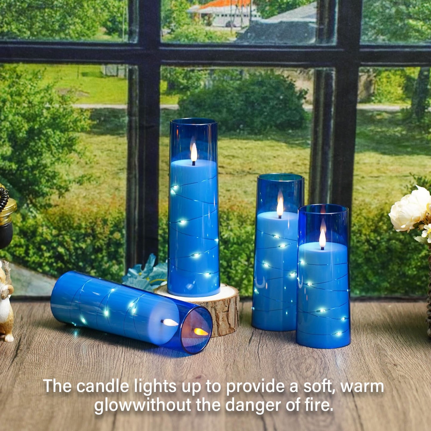 Flameless Candles,with Embedded Star String, Battery Operated Candles Flickering LED Pillar Candles with Remote Control and Timer, Home Decoration Add a Warm and Romantic Atmosphere，Set of 7 (Blue)