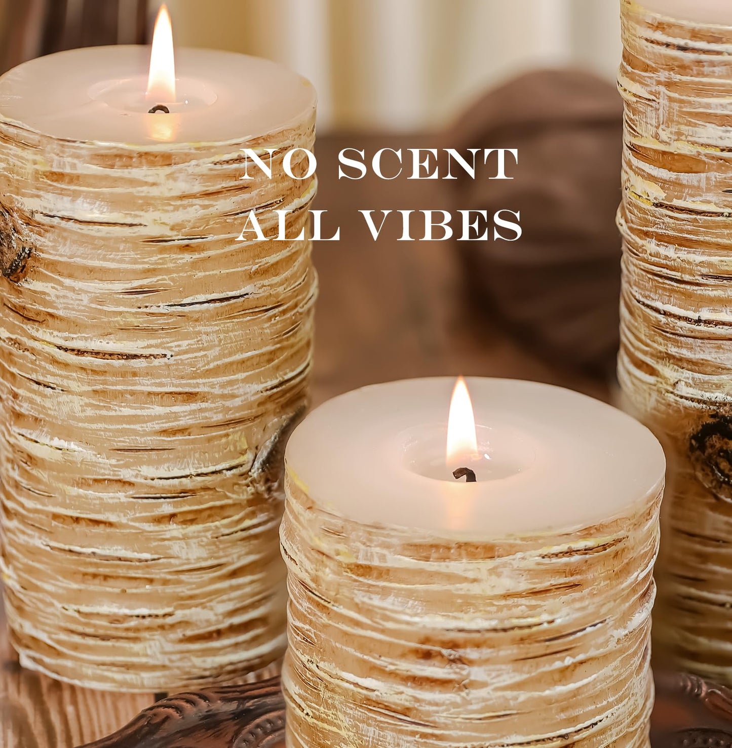 Birch Bark Texture Pillar Candles Set - Real Wax 3 Sizes (4", 5", 6" Tall) Rustic Decor Fireplace Candles, Unscented Woodland Style Pillar Candle for Modern Farmhouse, Dining Table, Holiday Decor